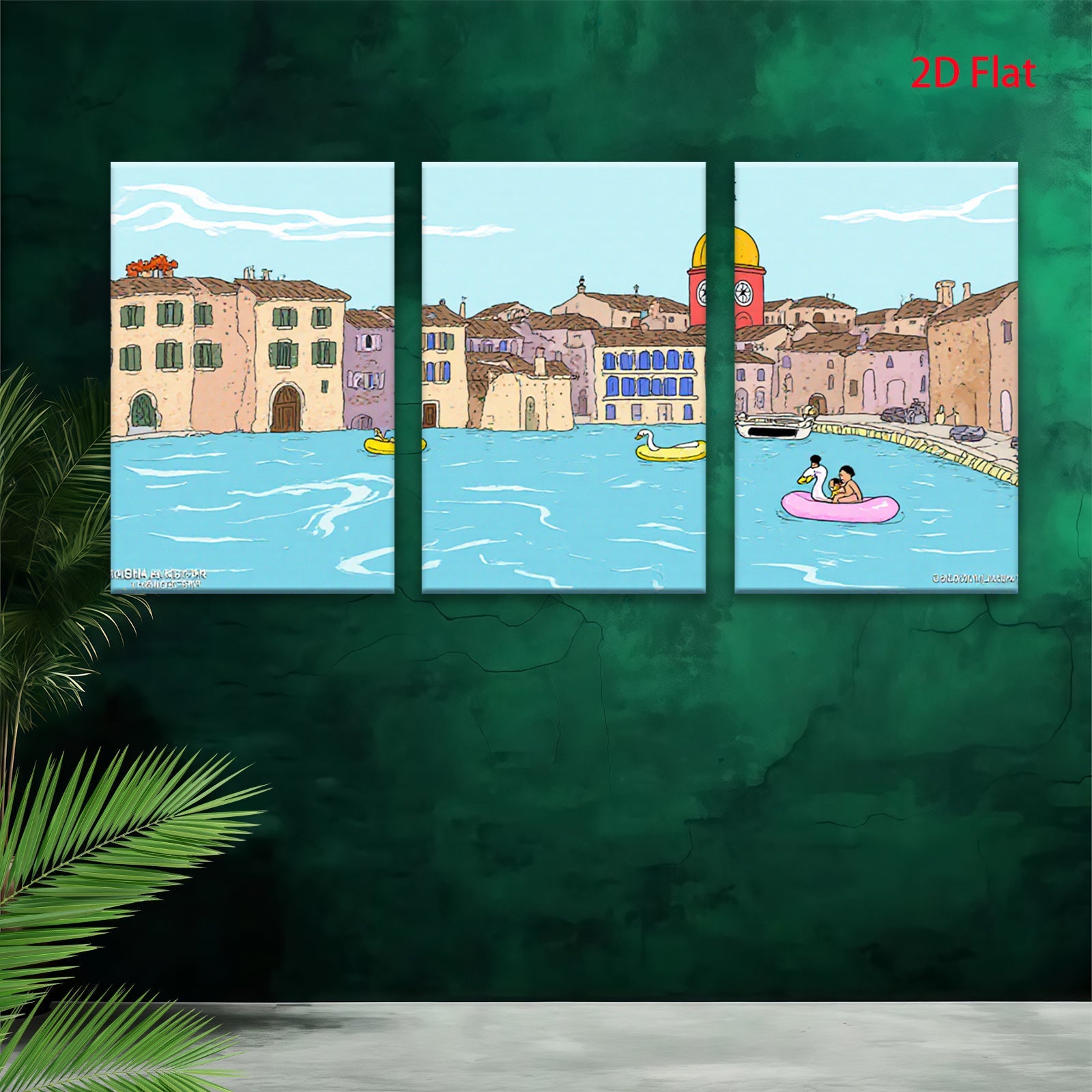 2D flat 1pc Venice Canal Boating Scene Wall Art Living Room Bedroom Home Decor Farmhouse Style Gallery Wrapped Canvas Prints Modern Aesthetic