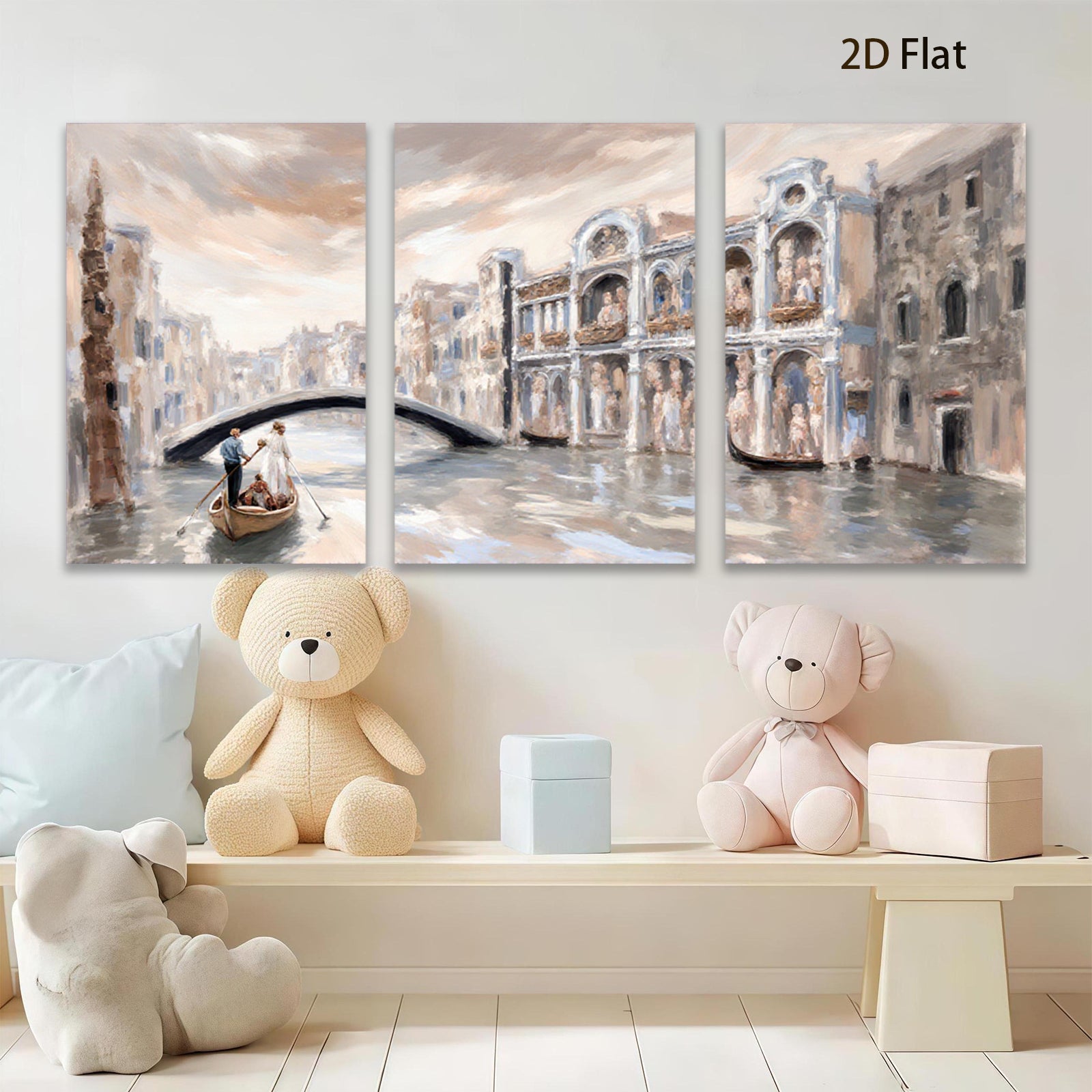 2D flat 1pc Venice Canal Romantic Gondola Ride Cityscape Wall Art Living Room Bedroom Decor Gallery Wrapped Canvas Prints Modern Farmhouse Style
