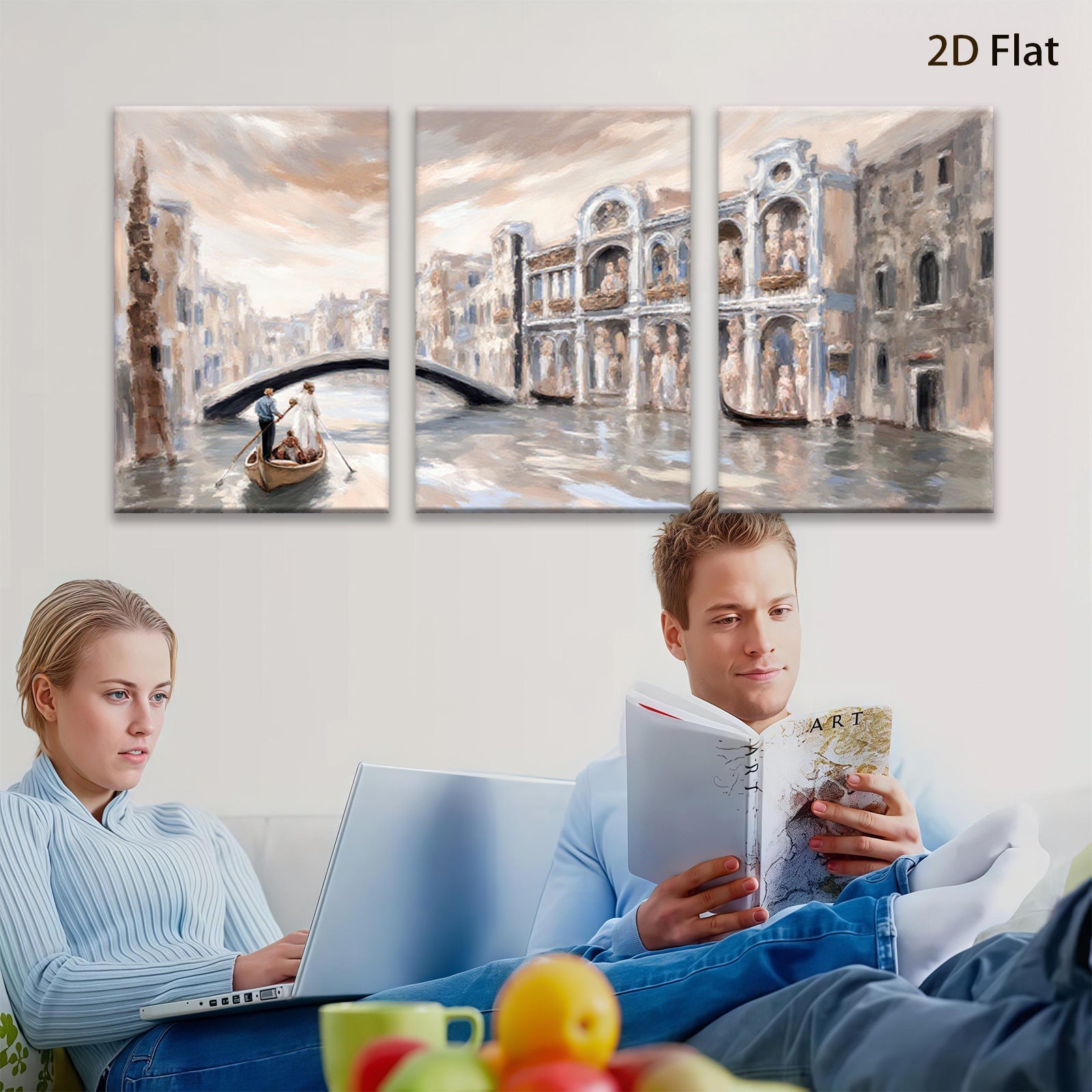 2D flat 1pc Venice Canal Romantic Gondola Ride Cityscape Wall Art Living Room Bedroom Decor Gallery Wrapped Canvas Prints Modern Farmhouse Style