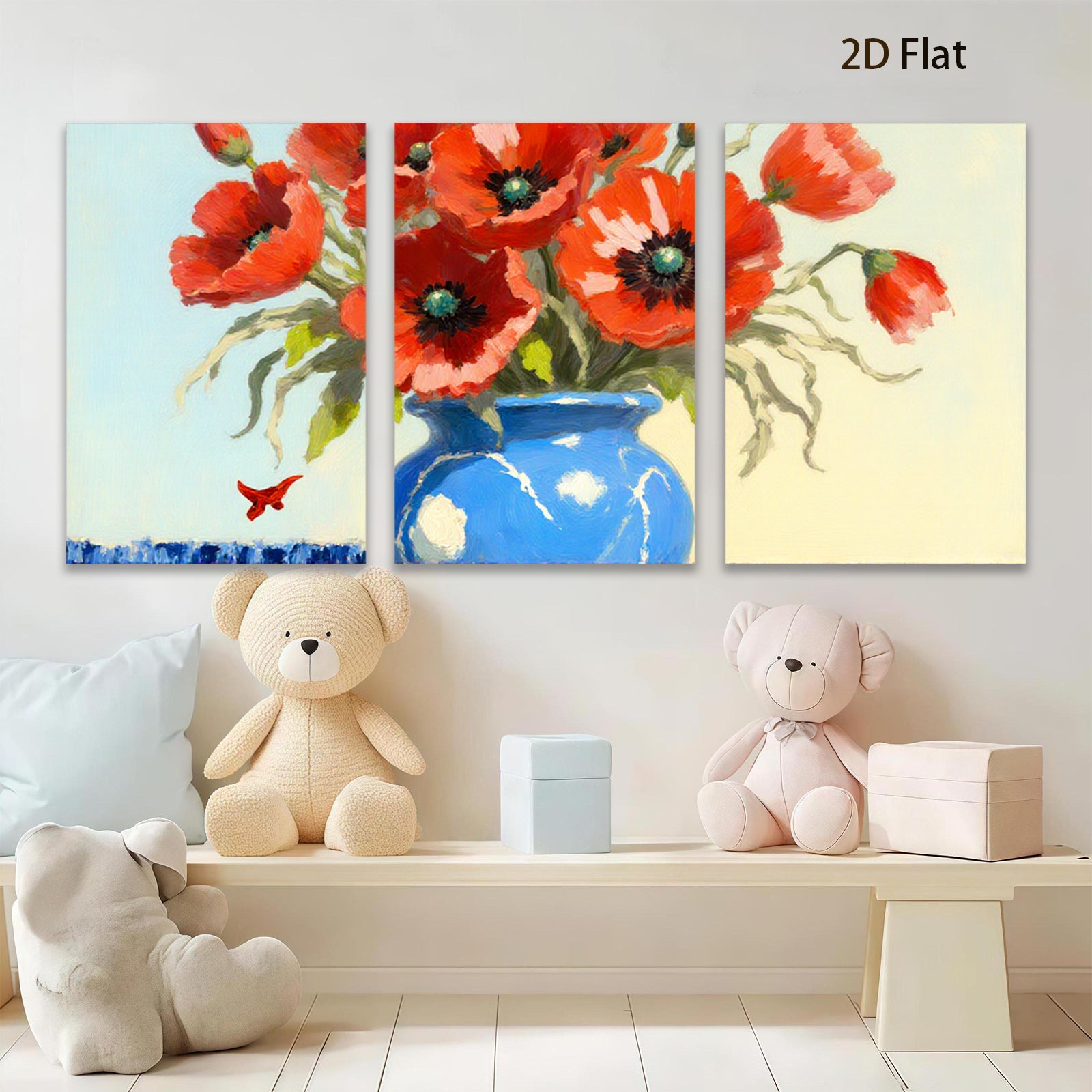 2D flat 1pc Vibrant Blue Vase with Red Poppies Floral Still Life Wall Decor for Living Room Bedroom Bathroom Modern Farmhouse Style Canvas Prints