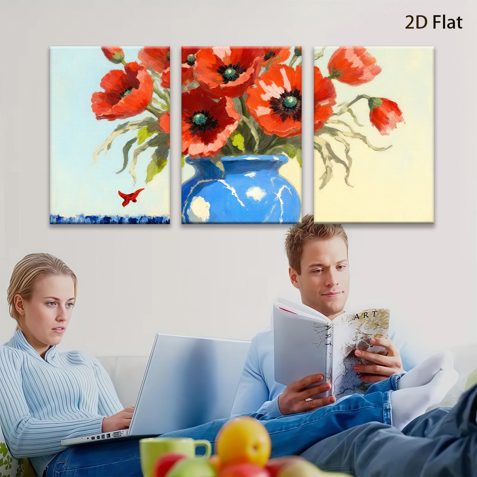 2D flat 1pc Vibrant Blue Vase with Red Poppies Floral Still Life Wall Decor for Living Room Bedroom Bathroom Modern Farmhouse Style Canvas Prints