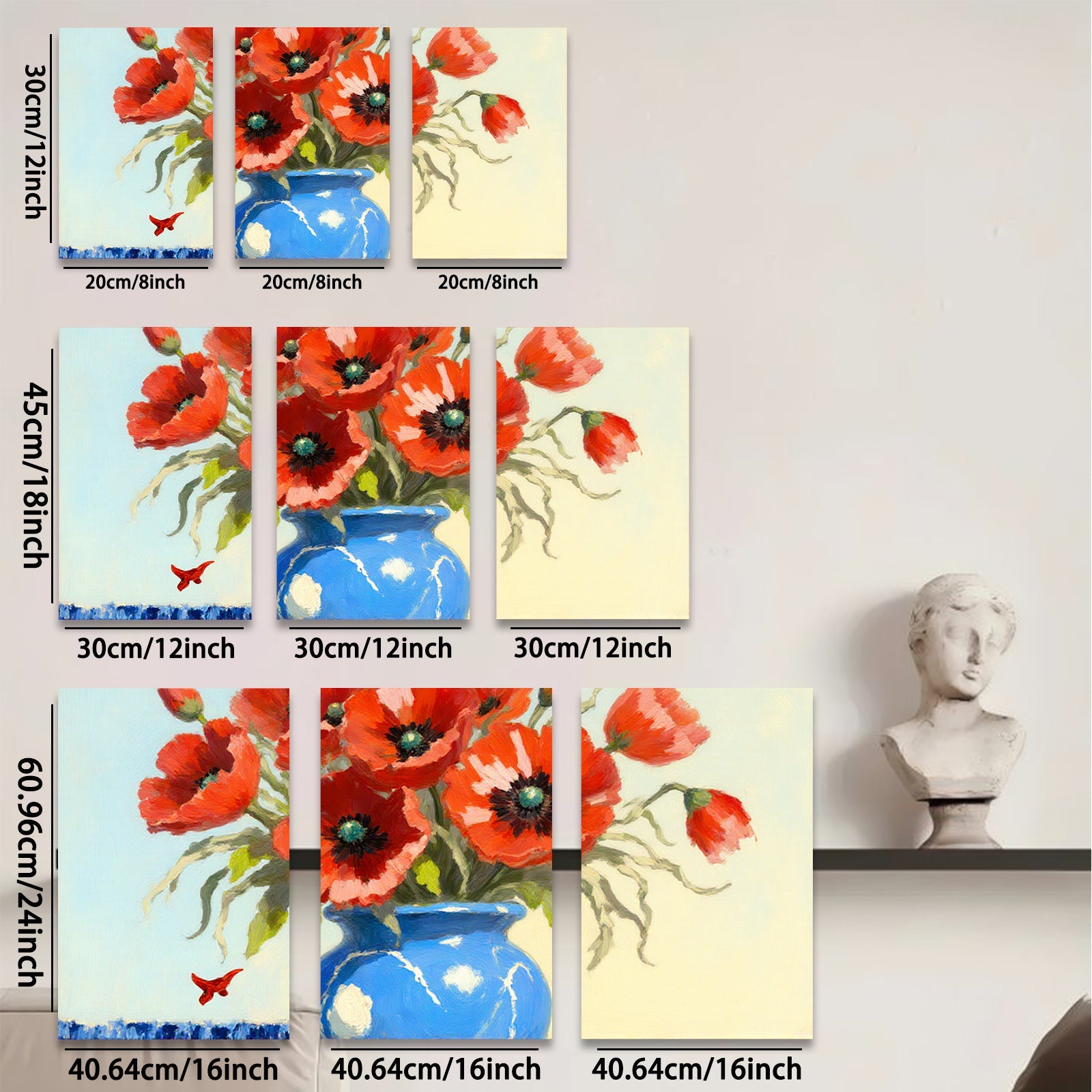 2D flat 1pc Vibrant Blue Vase with Red Poppies Floral Still Life Wall Decor for Living Room Bedroom Bathroom Modern Farmhouse Style Canvas Prints