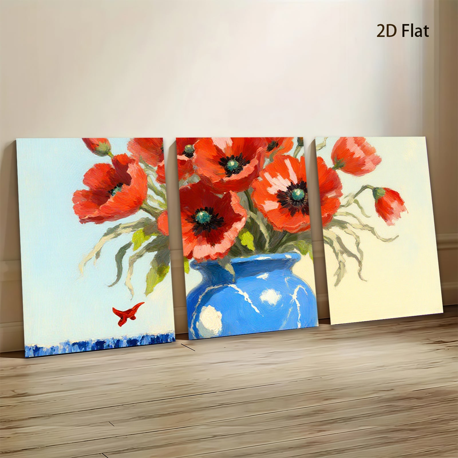 2D flat 1pc Vibrant Blue Vase with Red Poppies Floral Still Life Wall Decor for Living Room Bedroom Bathroom Modern Farmhouse Style Canvas Prints