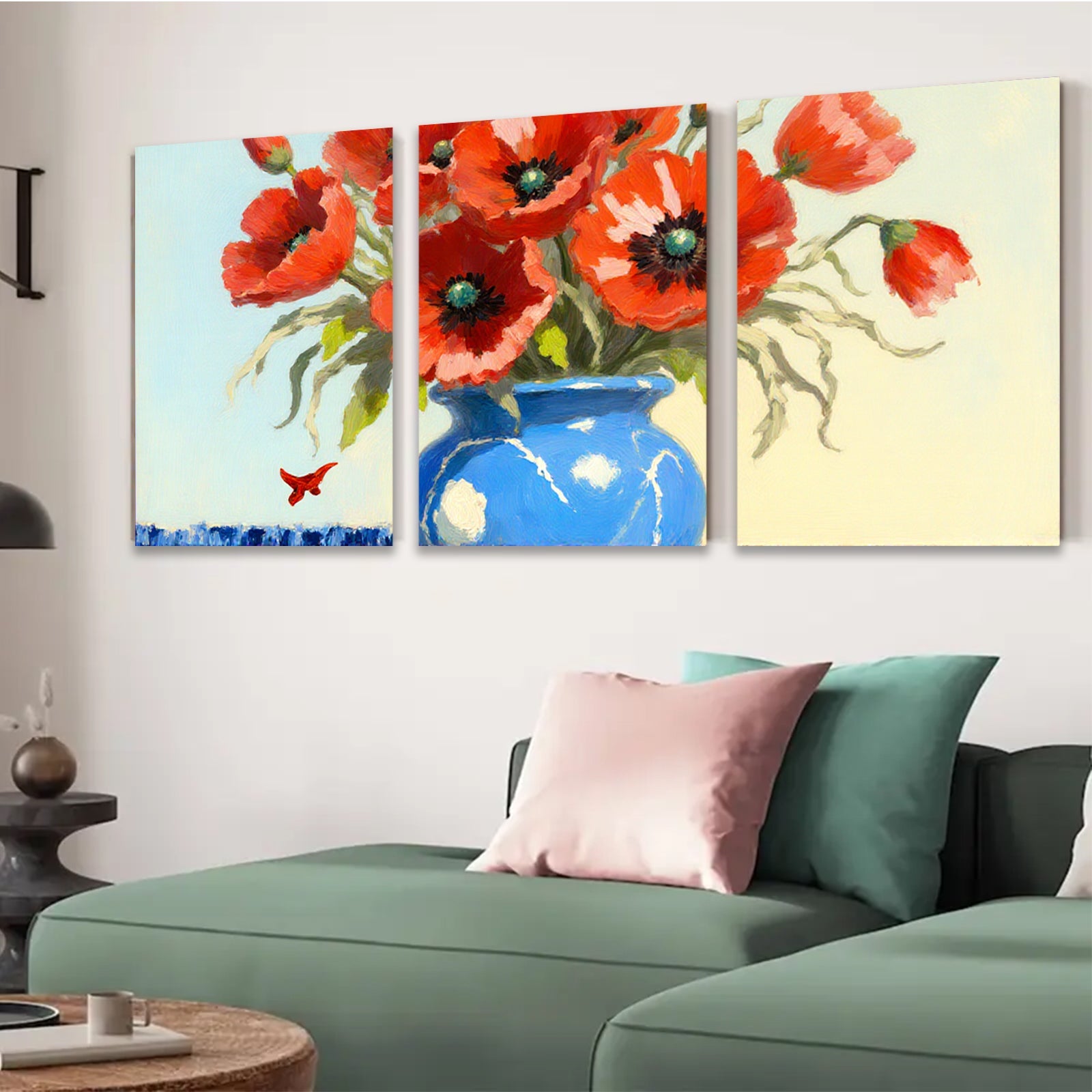 2D flat 1pc Vibrant Blue Vase with Red Poppies Floral Still Life Wall Decor for Living Room Bedroom Bathroom Modern Farmhouse Style Canvas Prints