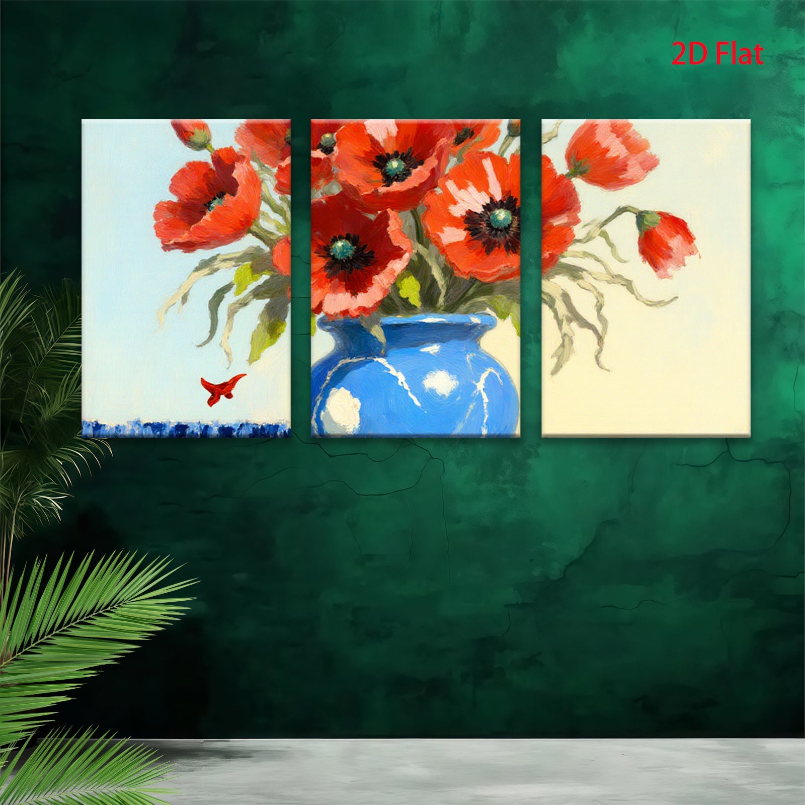 2D flat 1pc Vibrant Blue Vase with Red Poppies Floral Still Life Wall Decor for Living Room Bedroom Bathroom Modern Farmhouse Style Canvas Prints