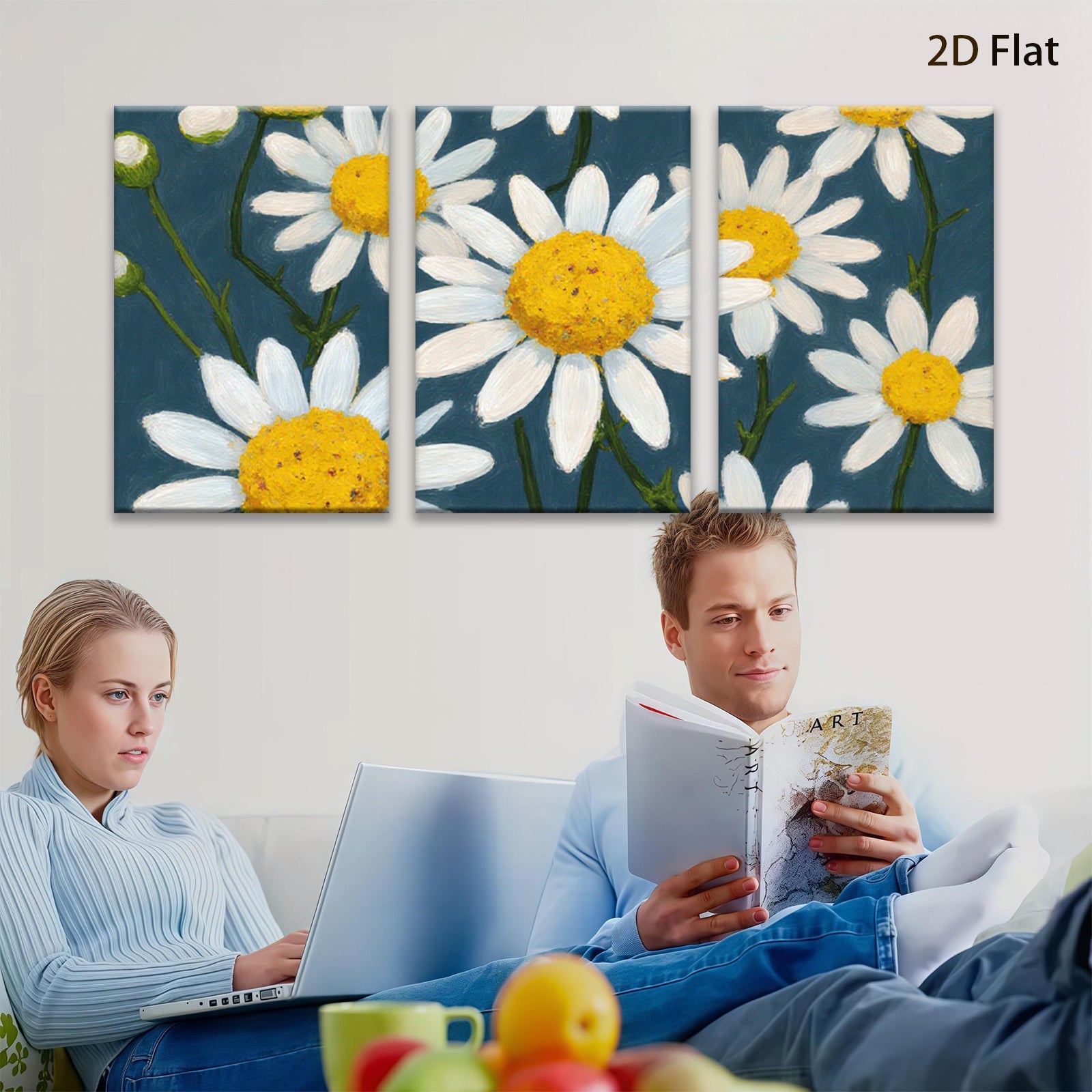 2D flat 1pc Vibrant Daisy Field Botanical Wall Art Decor for Living Room Bedroom Modern Farmhouse Style Gallery Wrapped Canvas Prints Ready to Hang