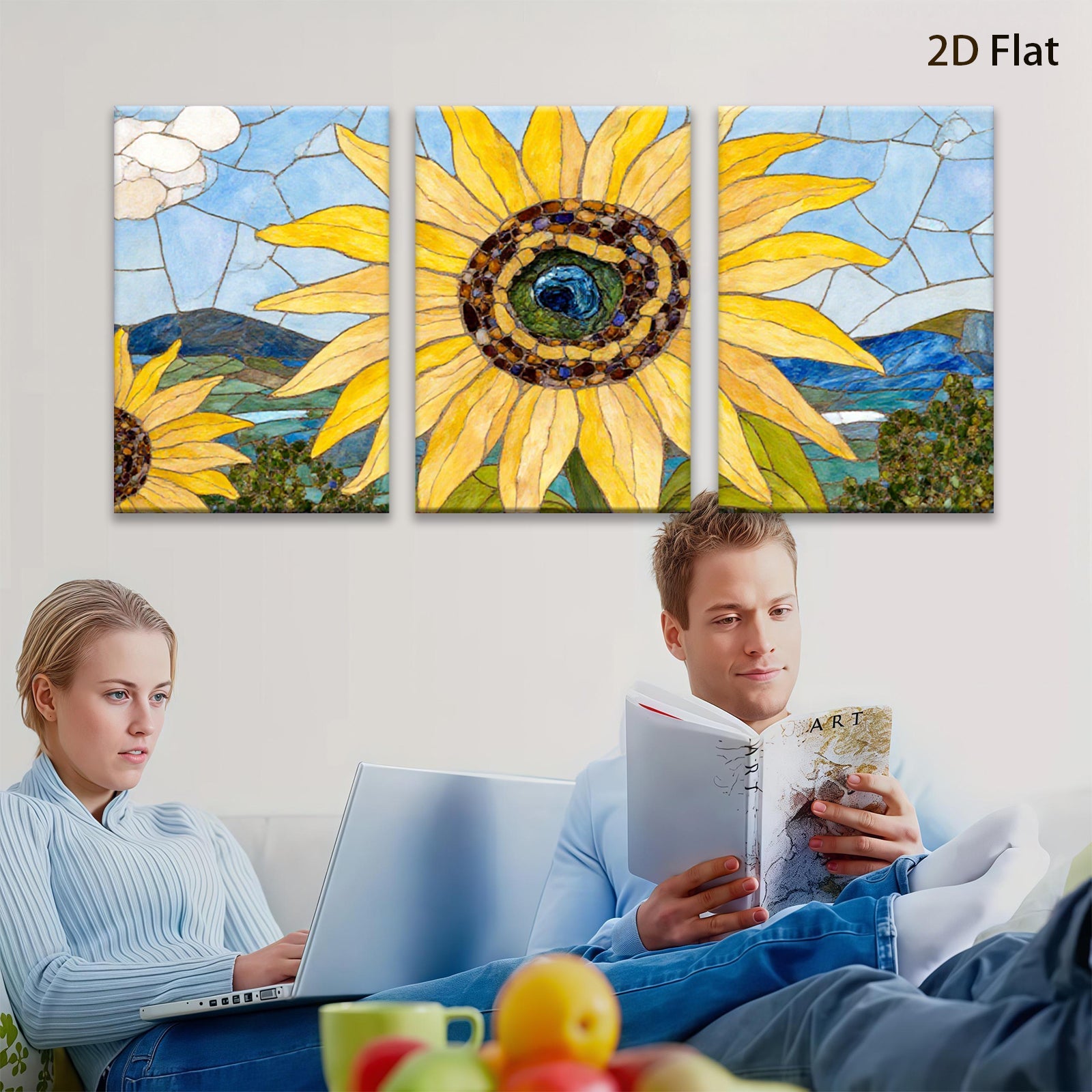 2D flat 1pc Vibrant Mosaic Sunflower Field Landscape Wall Art Decor for Living Room Bedroom Farmhouse Style Gallery Wrapped Canvas Prints Modern Artwork