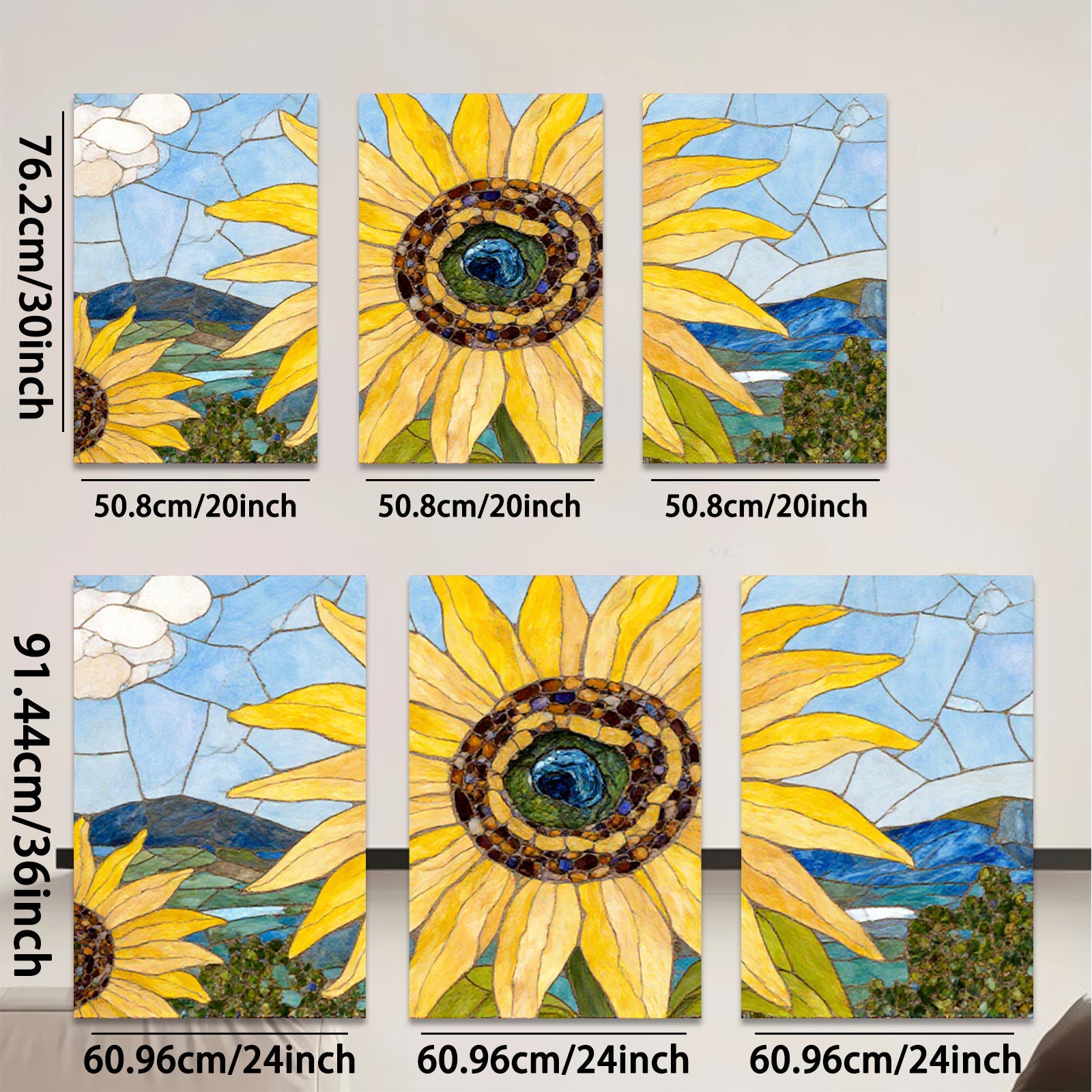 2D flat 1pc Vibrant Mosaic Sunflower Field Landscape Wall Art Decor for Living Room Bedroom Farmhouse Style Gallery Wrapped Canvas Prints Modern Artwork