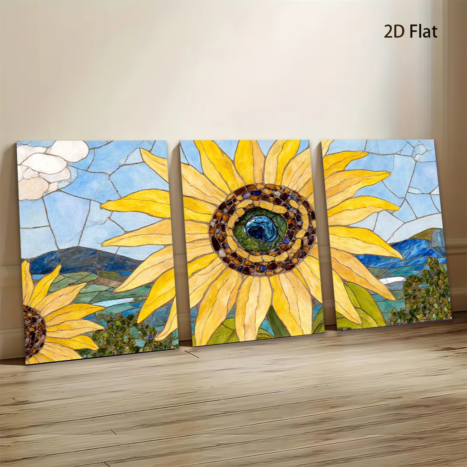 2D flat 1pc Vibrant Mosaic Sunflower Field Landscape Wall Art Decor for Living Room Bedroom Farmhouse Style Gallery Wrapped Canvas Prints Modern Artwork