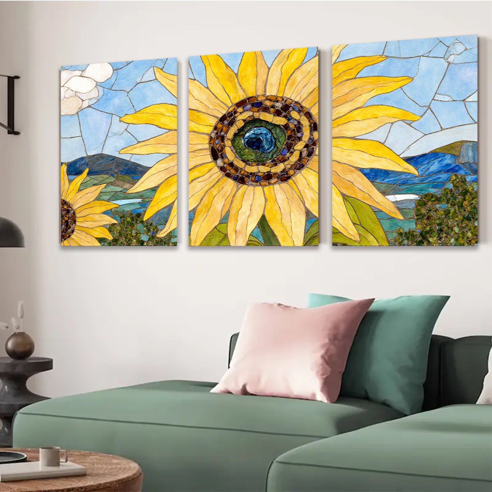 2D flat 1pc Vibrant Mosaic Sunflower Field Landscape Wall Art Decor for Living Room Bedroom Farmhouse Style Gallery Wrapped Canvas Prints Modern Artwork