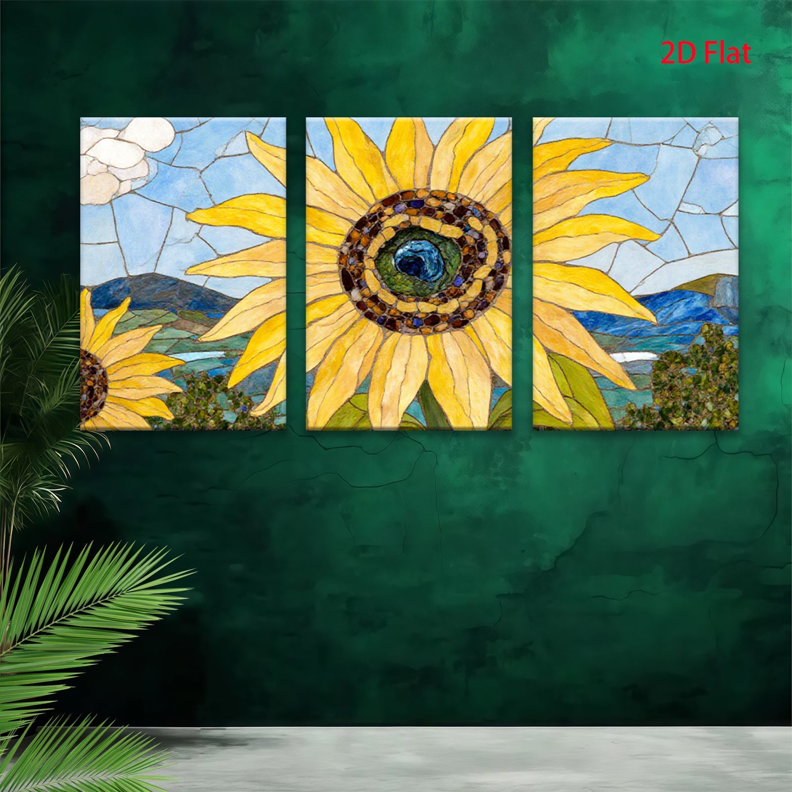 2D flat 1pc Vibrant Mosaic Sunflower Field Landscape Wall Art Decor for Living Room Bedroom Farmhouse Style Gallery Wrapped Canvas Prints Modern Artwork