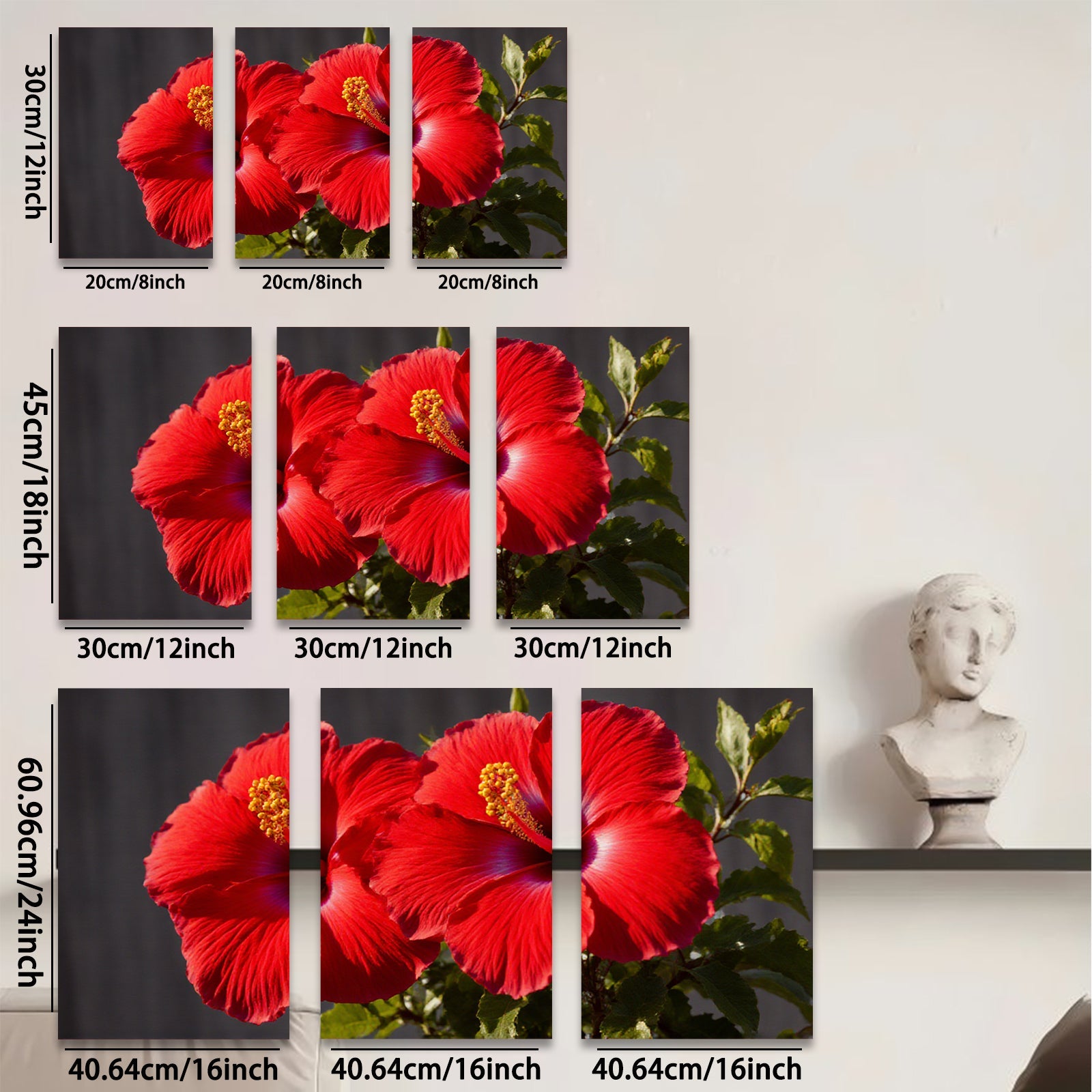 2D flat 1pc Vibrant Red Hibiscus Blooms Botanical Wall Art Living Room Bedroom Decor Farmhouse Style Canvas Prints Modern Home Accents Gallery Wrapped Ready to Hang