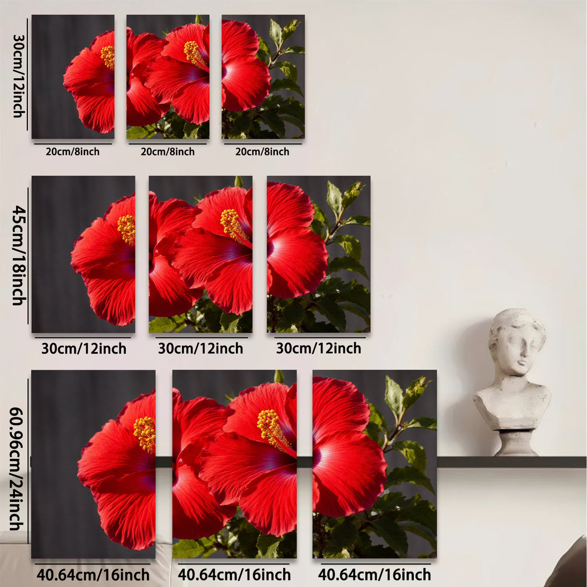 2D flat 1pc Vibrant Red Hibiscus Blooms Botanical Wall Art Living Room Bedroom Decor Farmhouse Style Canvas Prints Modern Home Accents Gallery Wrapped Ready to Hang