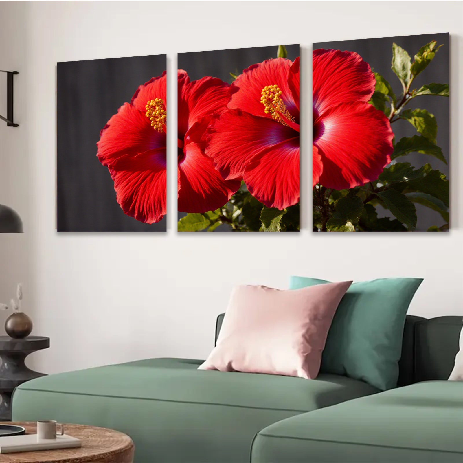 2D flat 1pc Vibrant Red Hibiscus Blooms Botanical Wall Art Living Room Bedroom Decor Farmhouse Style Canvas Prints Modern Home Accents Gallery Wrapped Ready to Hang