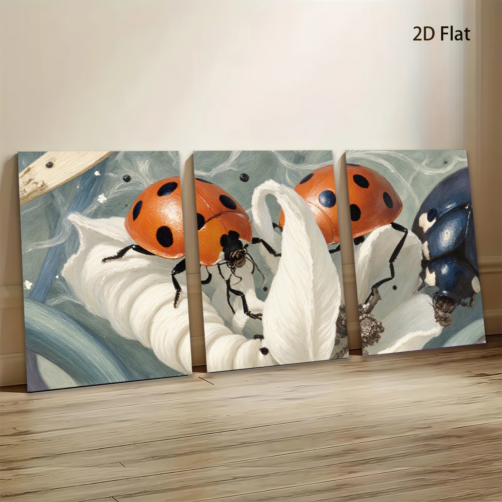 2D flat 1pc Vibrant Red Ladybugs on Delicate White Blossom Floral Wall Art Living Room Decor Farmhouse Style Gallery Wrapped Canvas Prints for Bedroom Bathroom Office