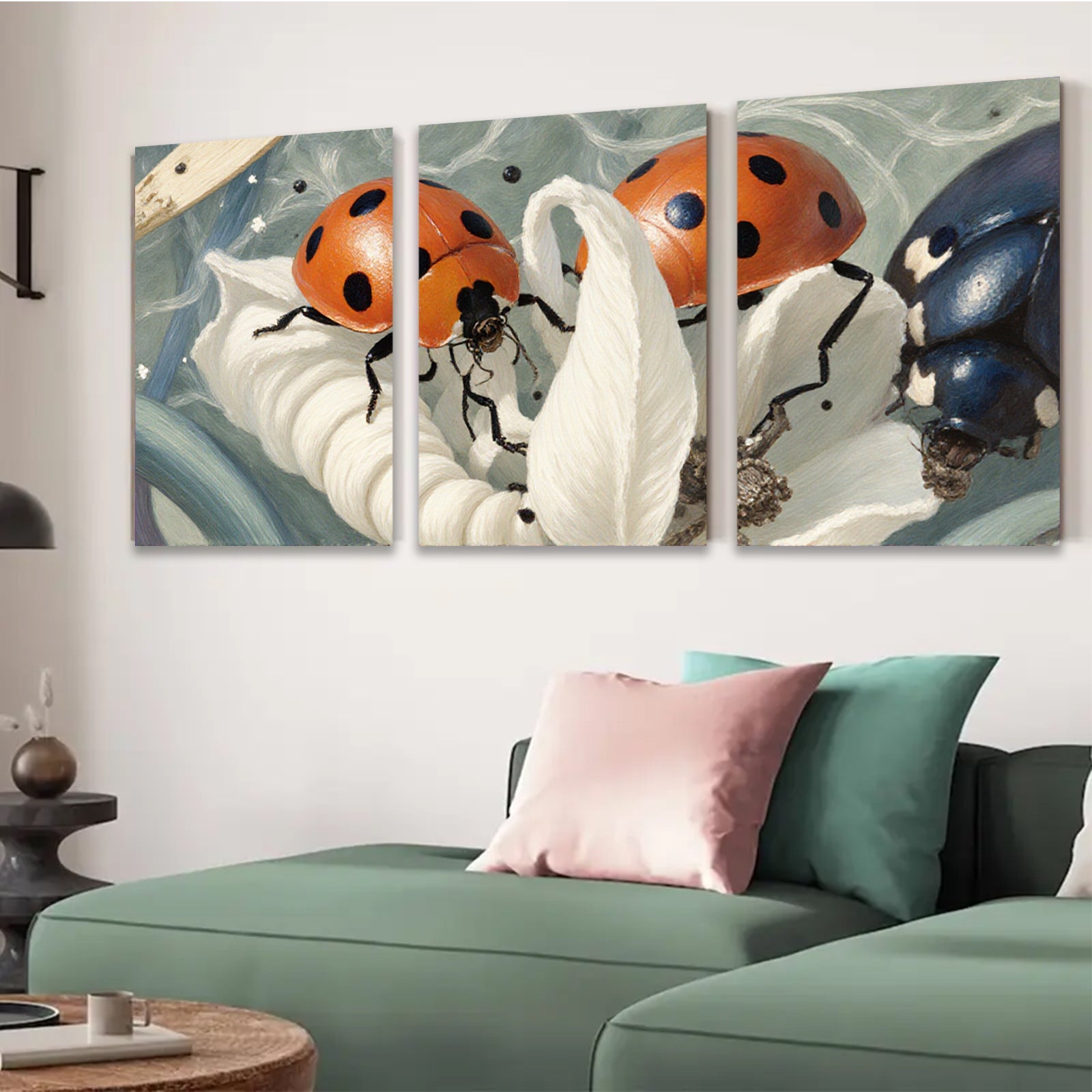 2D flat 1pc Vibrant Red Ladybugs on Delicate White Blossom Floral Wall Art Living Room Decor Farmhouse Style Gallery Wrapped Canvas Prints for Bedroom Bathroom Office