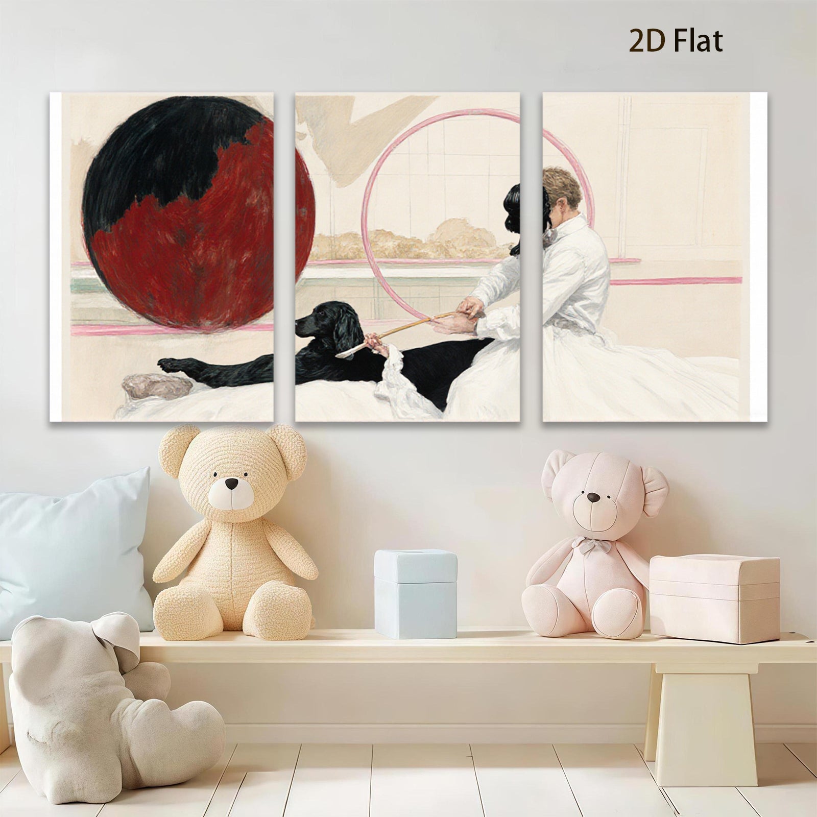 2D flat 1pc Victorian girl with black dog near red sphere farmhouse wall art living room bedroom decor gallery wrapped canvas print modern aesthetic