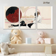 2D flat 1pc Victorian girl with black dog near red sphere farmhouse wall art living room bedroom decor gallery wrapped canvas print modern aesthetic