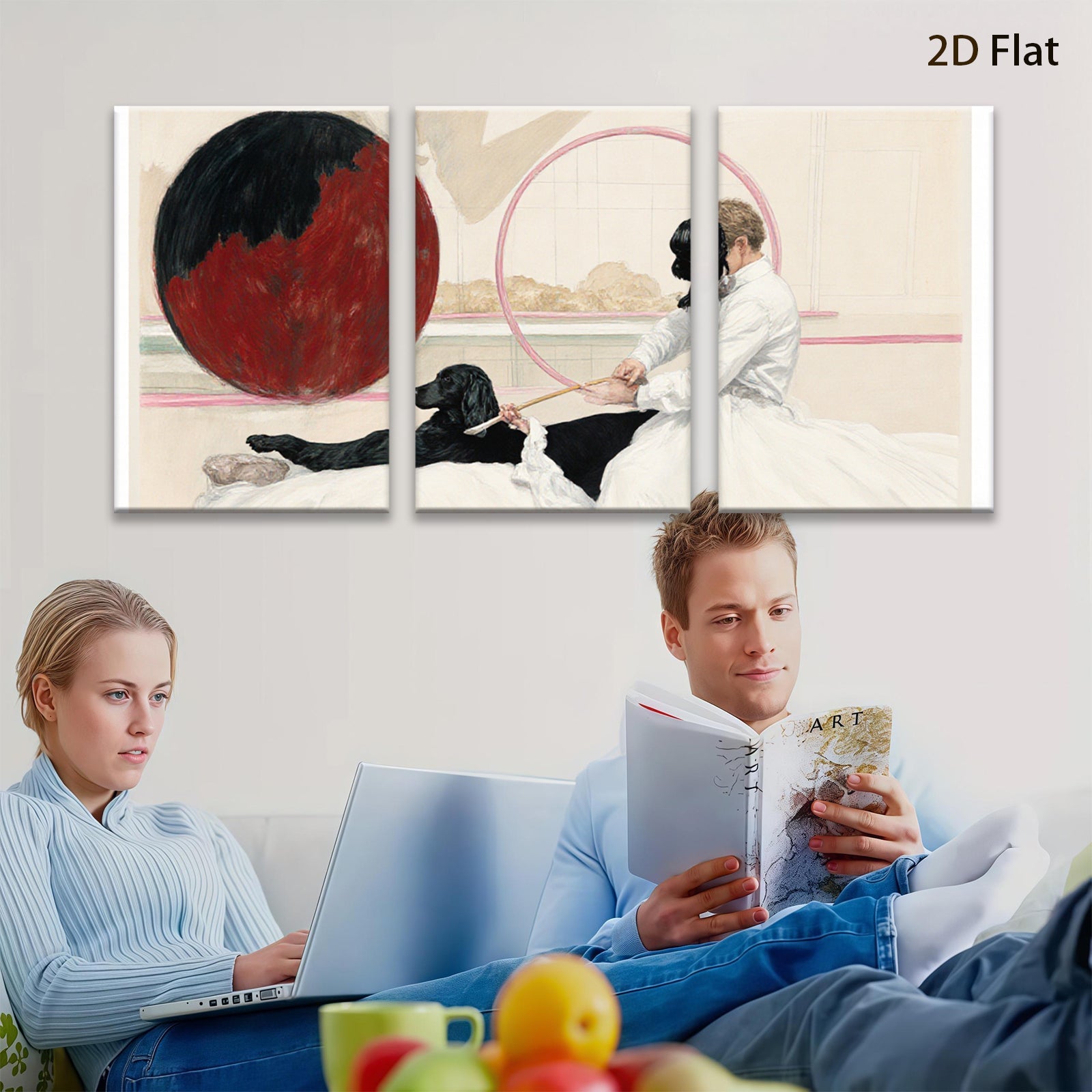 2D flat 1pc Victorian girl with black dog near red sphere farmhouse wall art living room bedroom decor gallery wrapped canvas print modern aesthetic