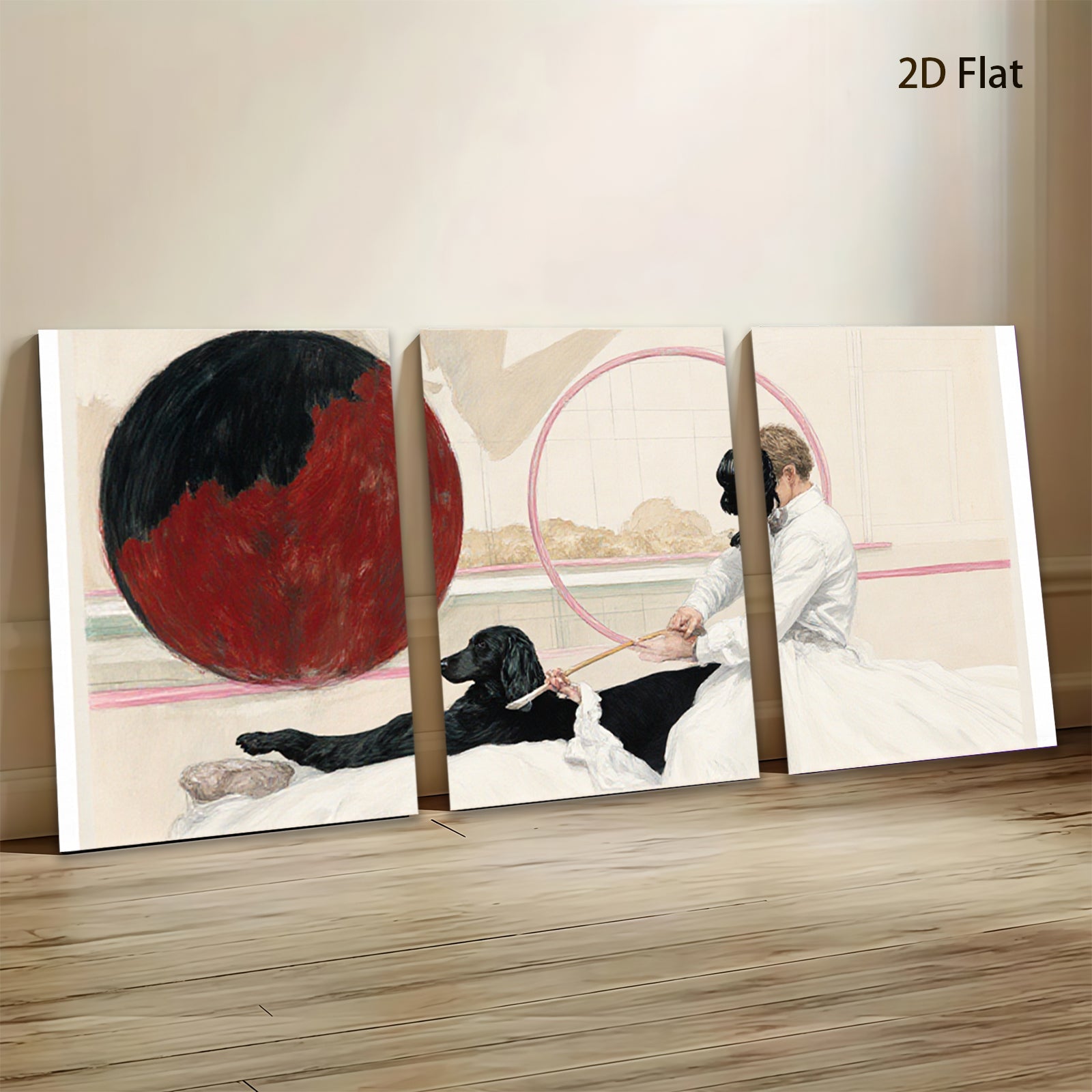 2D flat 1pc Victorian girl with black dog near red sphere farmhouse wall art living room bedroom decor gallery wrapped canvas print modern aesthetic