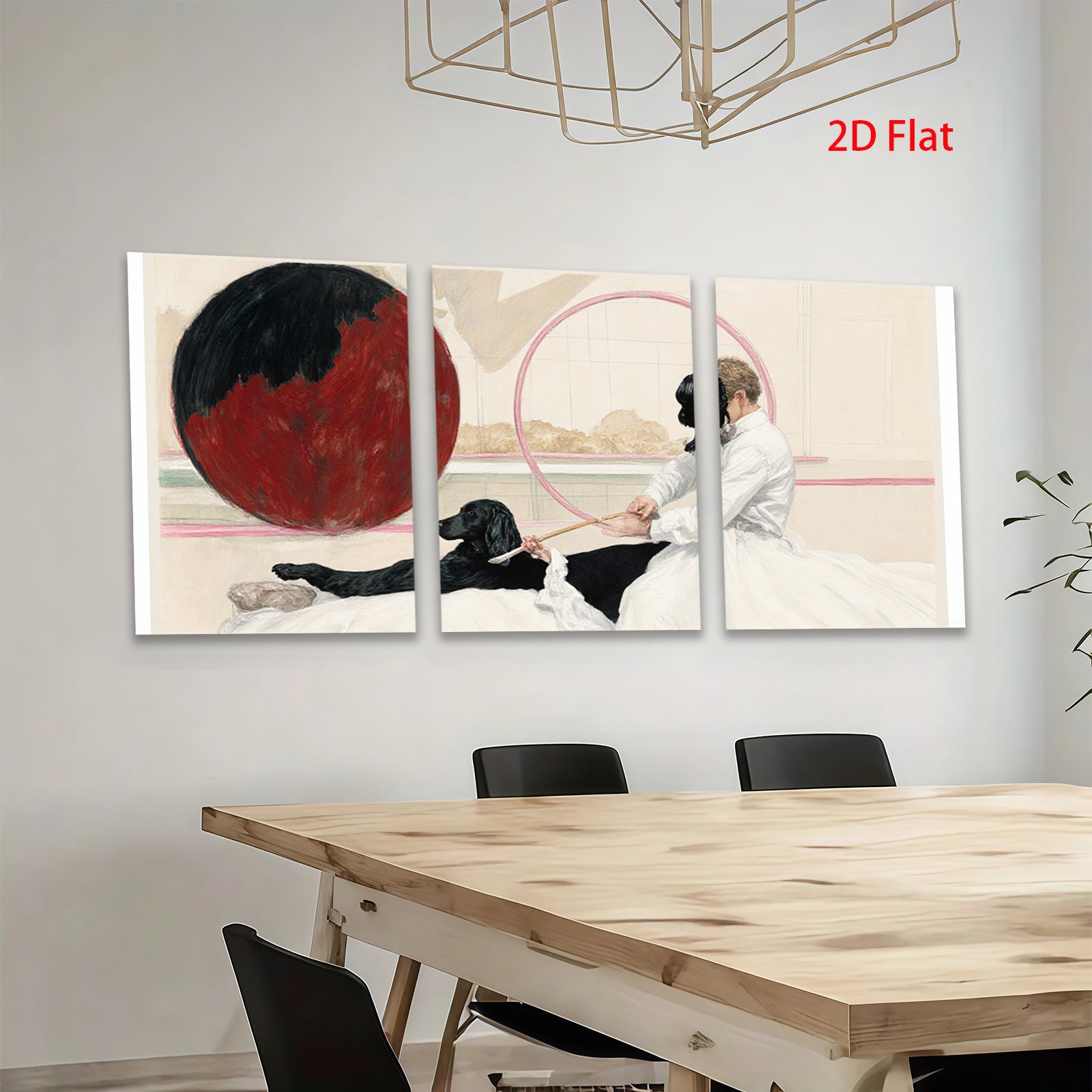 2D flat 1pc Victorian girl with black dog near red sphere farmhouse wall art living room bedroom decor gallery wrapped canvas print modern aesthetic