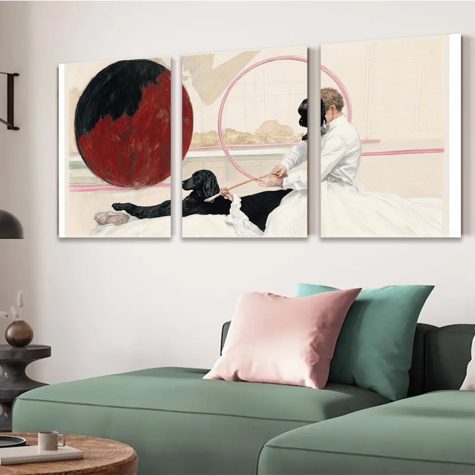 2D flat 1pc Victorian girl with black dog near red sphere farmhouse wall art living room bedroom decor gallery wrapped canvas print modern aesthetic
