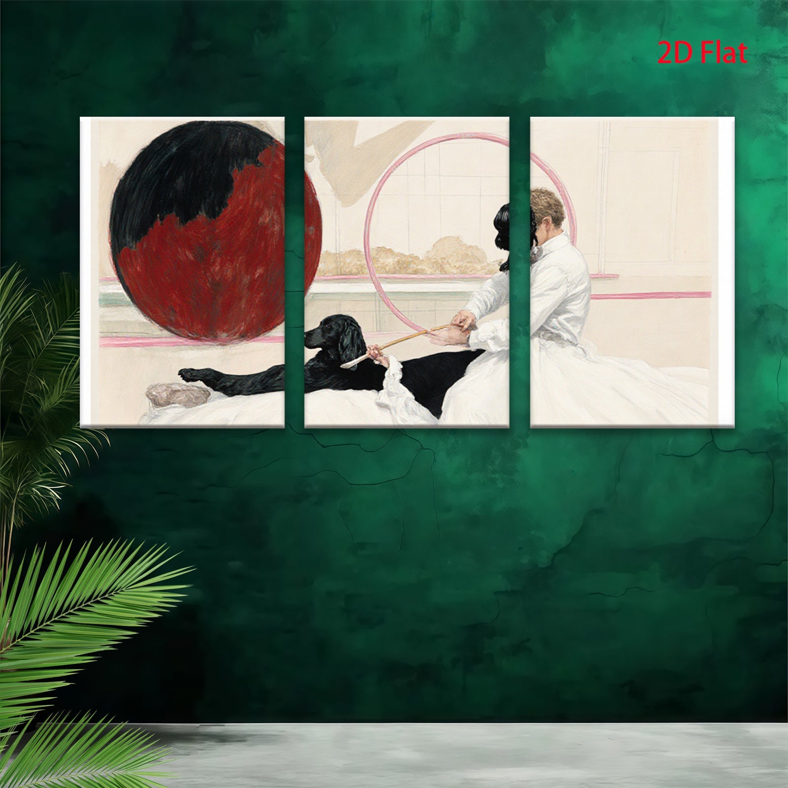 2D flat 1pc Victorian girl with black dog near red sphere farmhouse wall art living room bedroom decor gallery wrapped canvas print modern aesthetic