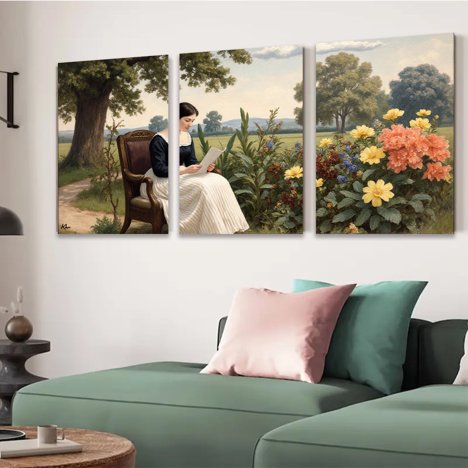 2D flat 1pc Victorian lady reading letter garden bloom farmhouse wall decor living room bedroom art prints gallery wrapped canvas