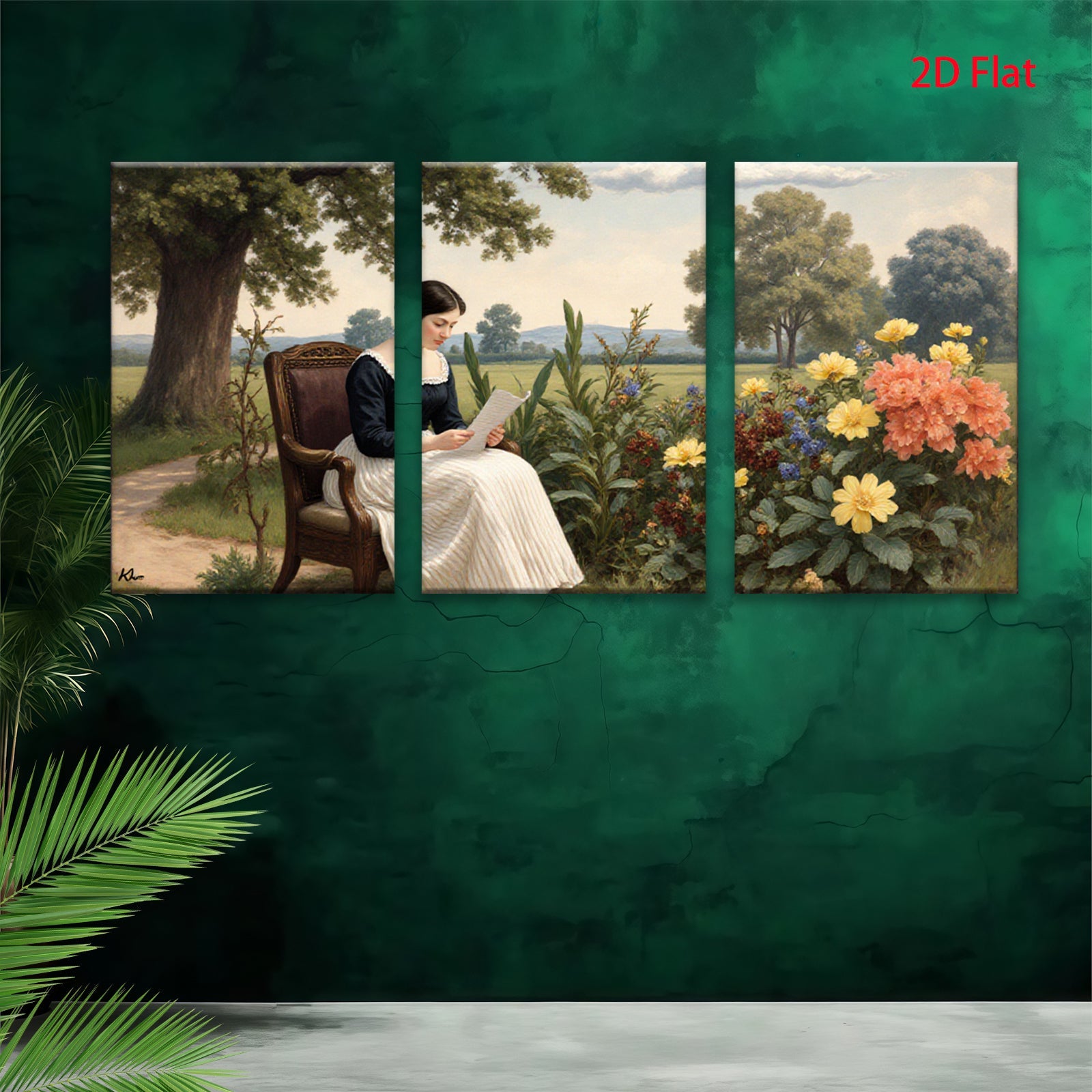 2D flat 1pc Victorian lady reading letter garden bloom farmhouse wall decor living room bedroom art prints gallery wrapped canvas
