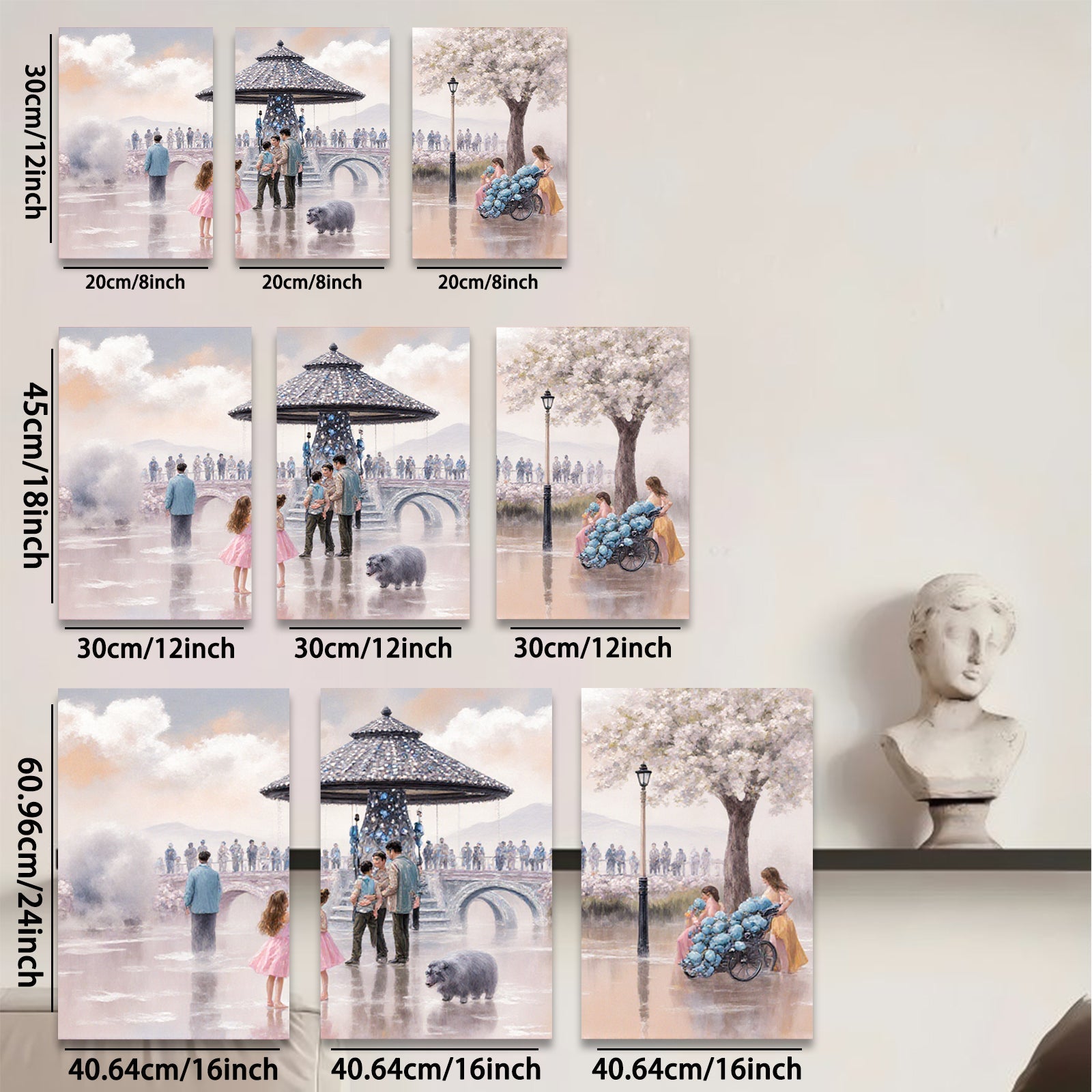 2D flat 1pc Victorian park scene family gathering lovely dogs floral backdrop living room bedroom gallery wrapped canvas modern farmhouse decor