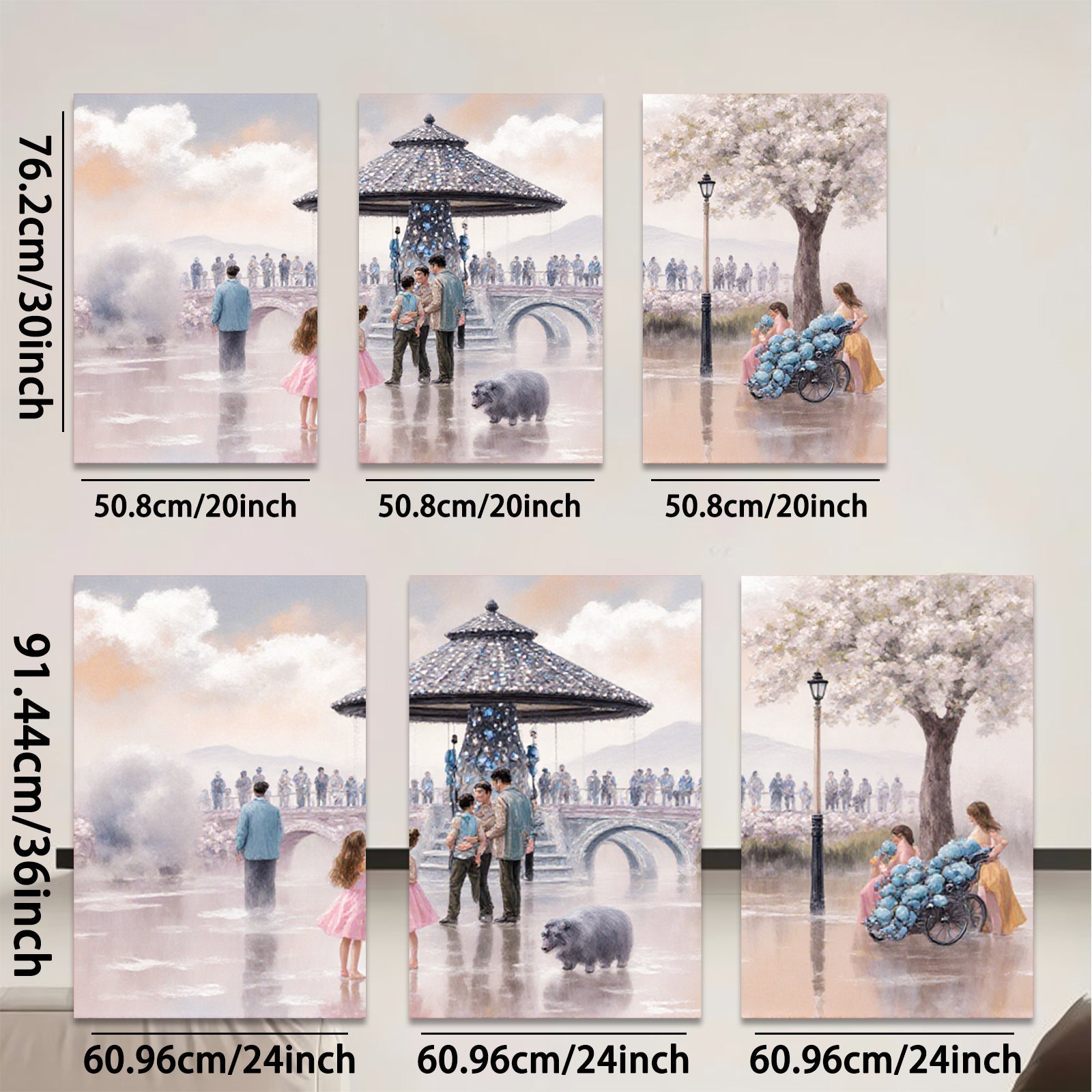 2D flat 1pc Victorian park scene family gathering lovely dogs floral backdrop living room bedroom gallery wrapped canvas modern farmhouse decor