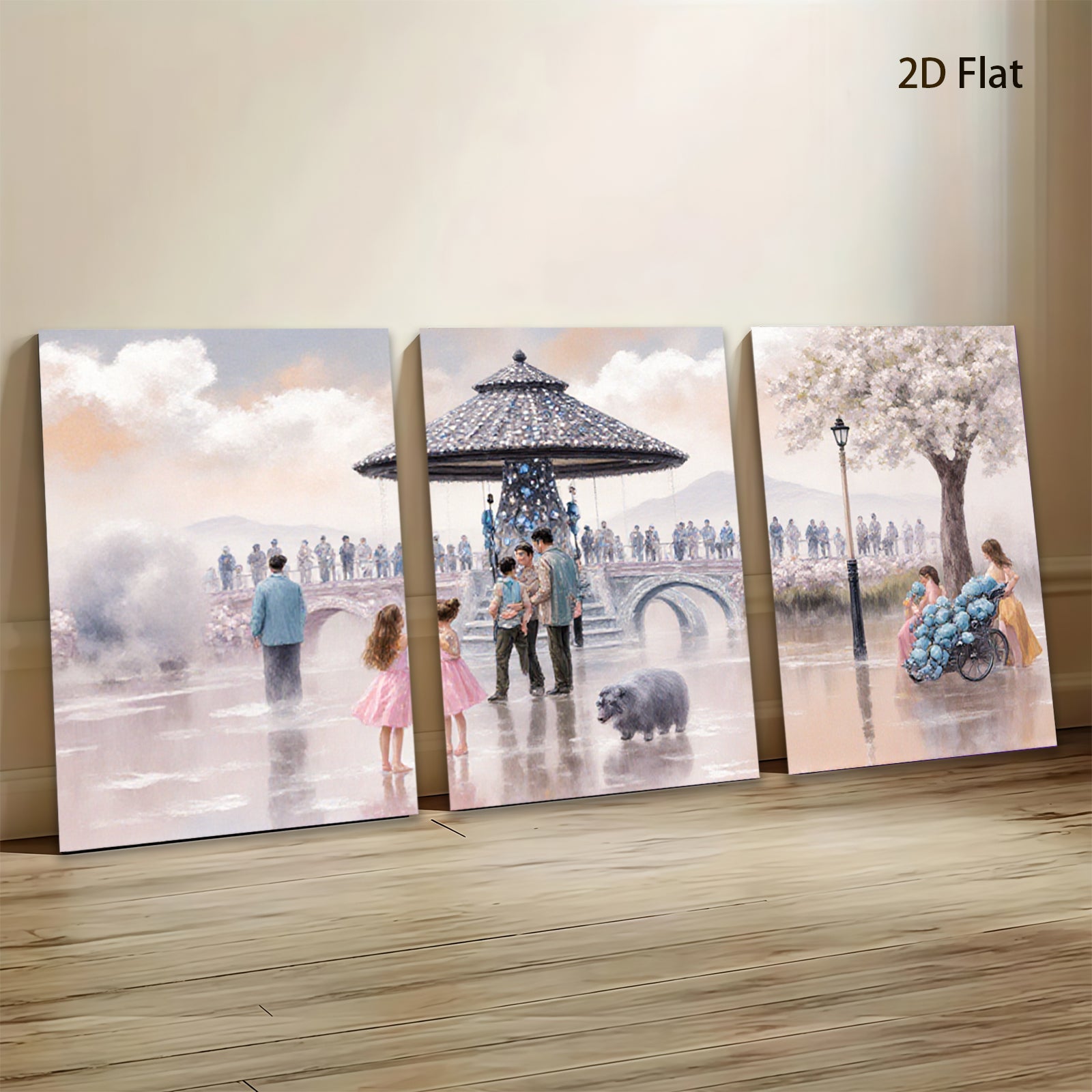 2D flat 1pc Victorian park scene family gathering lovely dogs floral backdrop living room bedroom gallery wrapped canvas modern farmhouse decor