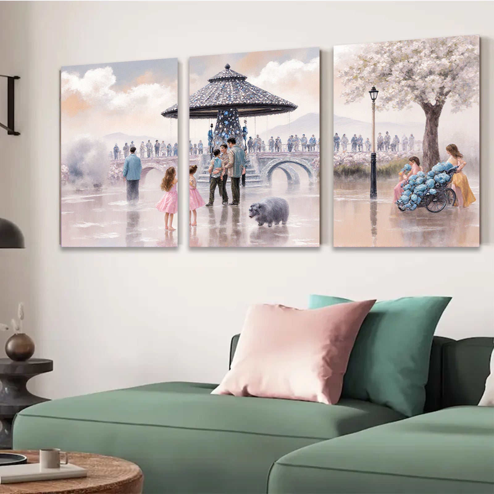 2D flat 1pc Victorian park scene family gathering lovely dogs floral backdrop living room bedroom gallery wrapped canvas modern farmhouse decor