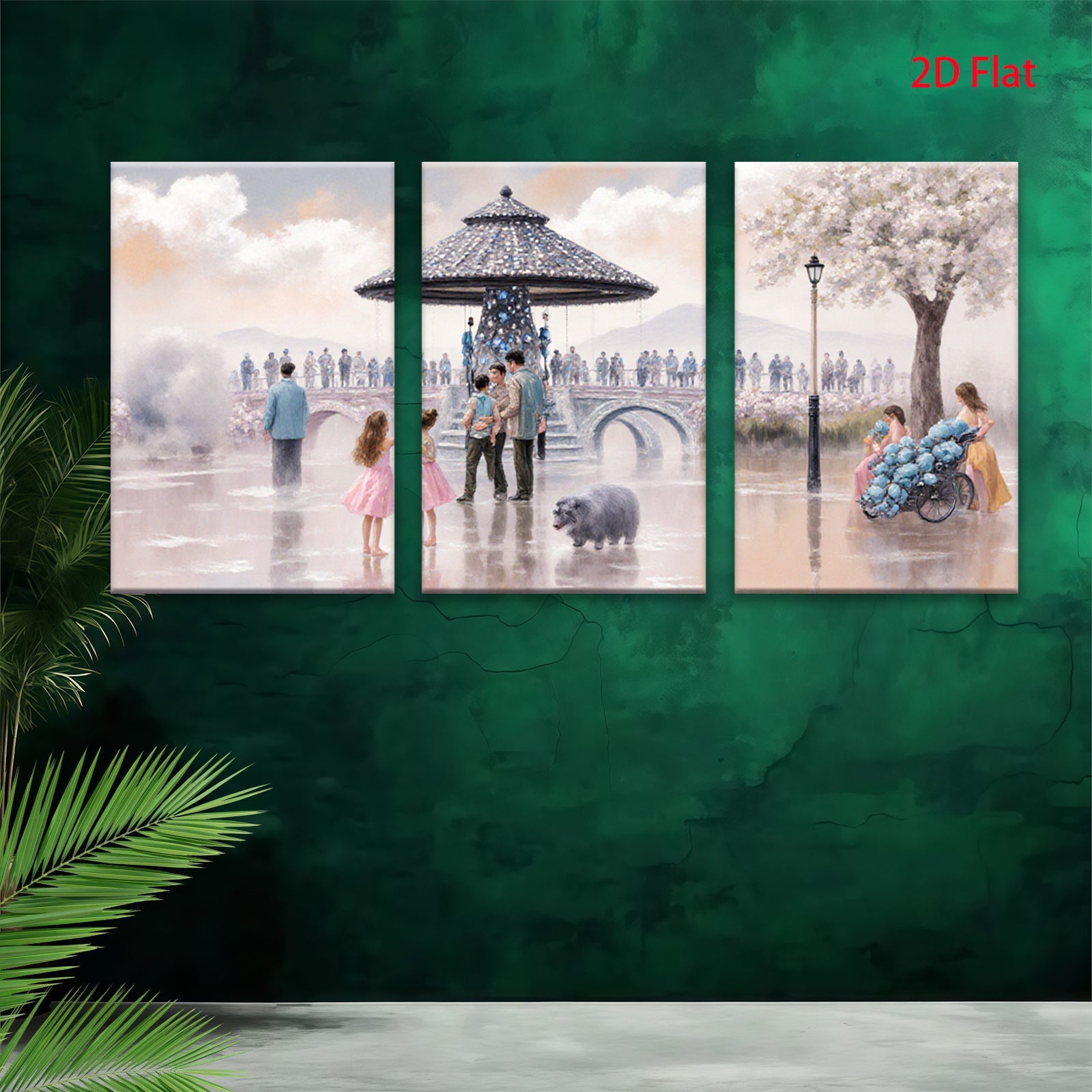 2D flat 1pc Victorian park scene family gathering lovely dogs floral backdrop living room bedroom gallery wrapped canvas modern farmhouse decor