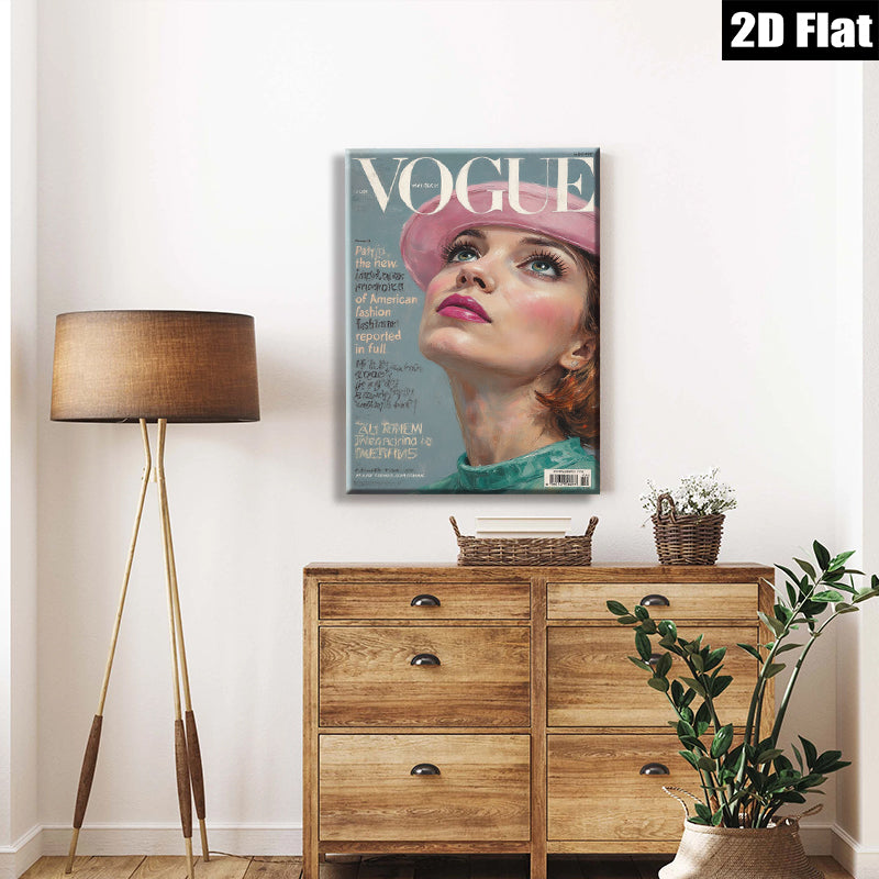 2D flat 1pc Vintage Vogue cover girl portrait wall art bedroom living room gallery wrapped canvas modern farmhouse style
