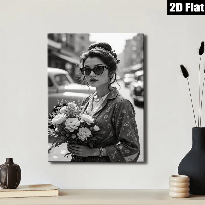 2D flat 1pc Vintage floral woman holding bouquet wall art bedroom living room modern farmhouse gallery wrapped canvas print
