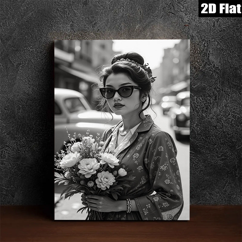 2D flat 1pc Vintage floral woman holding bouquet wall art bedroom living room modern farmhouse gallery wrapped canvas print