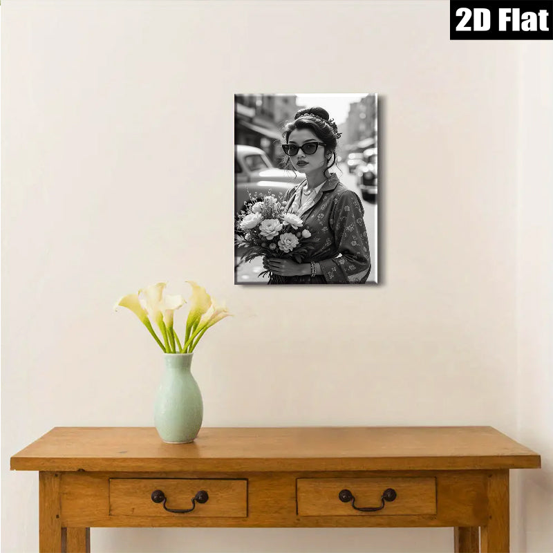 2D flat 1pc Vintage floral woman holding bouquet wall art bedroom living room modern farmhouse gallery wrapped canvas print