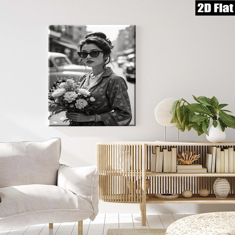 2D flat 1pc Vintage floral woman holding bouquet wall art bedroom living room modern farmhouse gallery wrapped canvas print