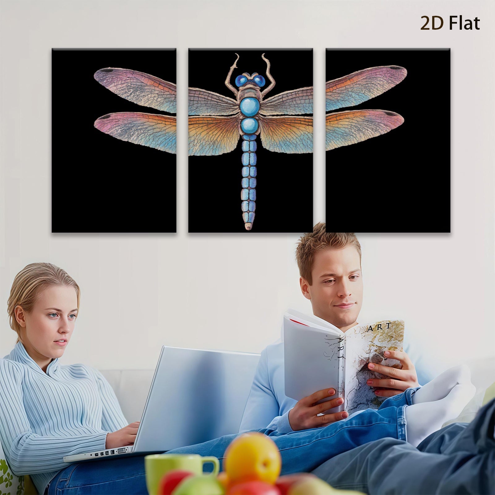 2D flat 1pc Vivid Blue Dragonfly Wall Art Botanical Insect Decor Living Room Bedroom Gallery Wrapped Canvas Prints Modern Farmhouse Aesthetic Home Decor