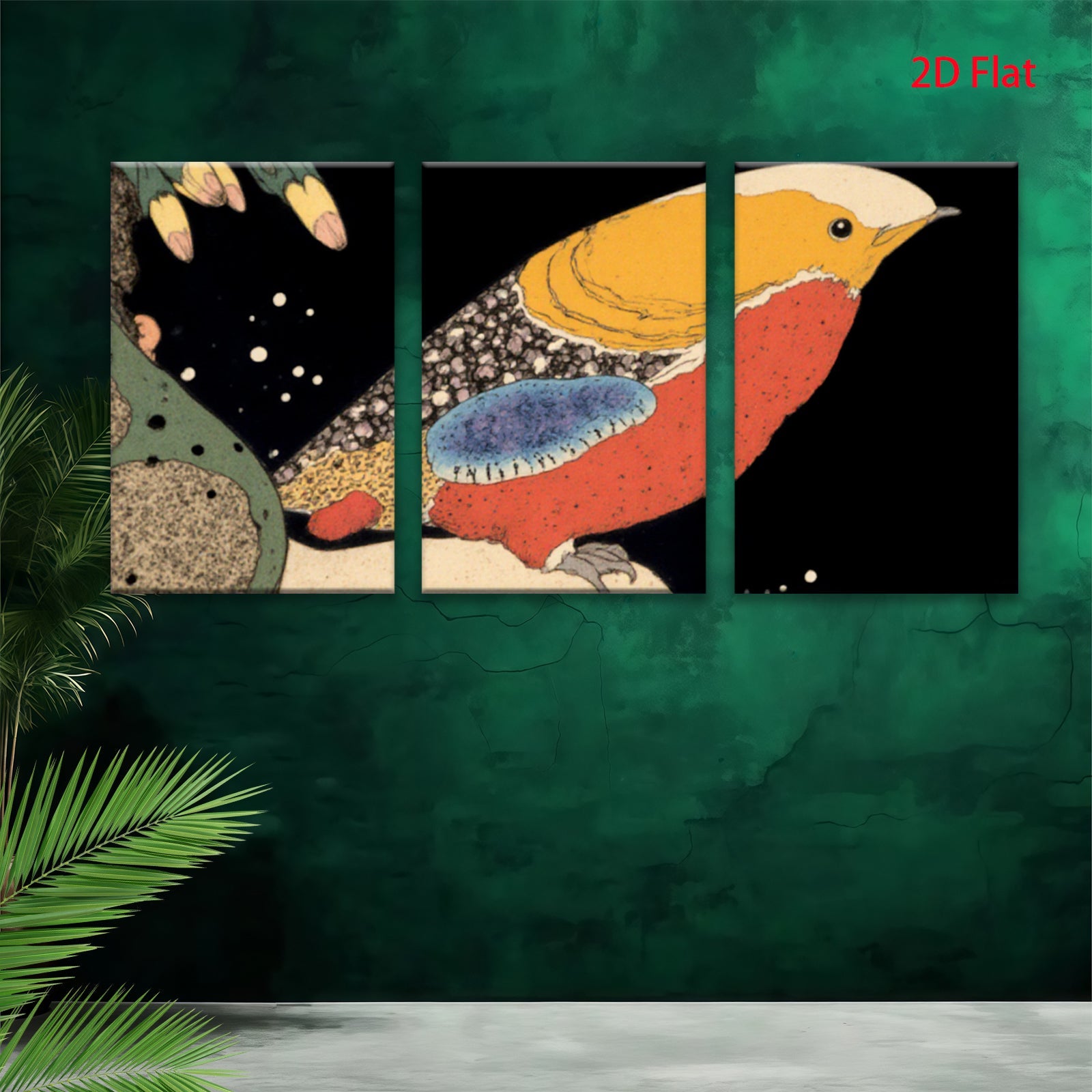 2D flat 1pc Vivid Songbird Perched Amongst Foliage Gallery Wrapped Canvas Wall Art For Living Room Bedroom Home Decor Farmhouse Style Modern Minimalist Artwork