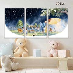 2D flat 1pc Warm Night Gathering Children Pets Pastoral Scene Wall Art Kids Room Decor Living Room Canvas Print Modern Farmhouse Style