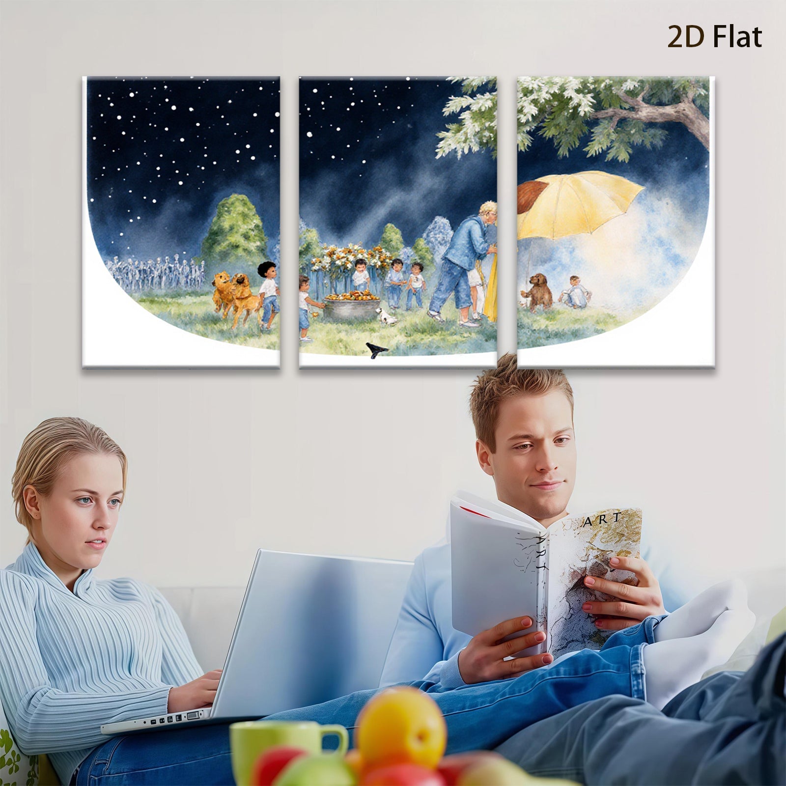 2D flat 1pc Warm Night Gathering Children Pets Pastoral Scene Wall Art Kids Room Decor Living Room Canvas Print Modern Farmhouse Style
