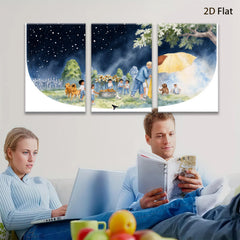 2D flat 1pc Warm Night Gathering Children Pets Pastoral Scene Wall Art Kids Room Decor Living Room Canvas Print Modern Farmhouse Style
