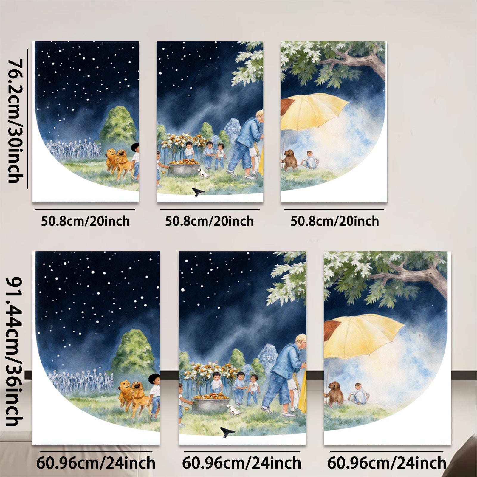 2D flat 1pc Warm Night Gathering Children Pets Pastoral Scene Wall Art Kids Room Decor Living Room Canvas Print Modern Farmhouse Style