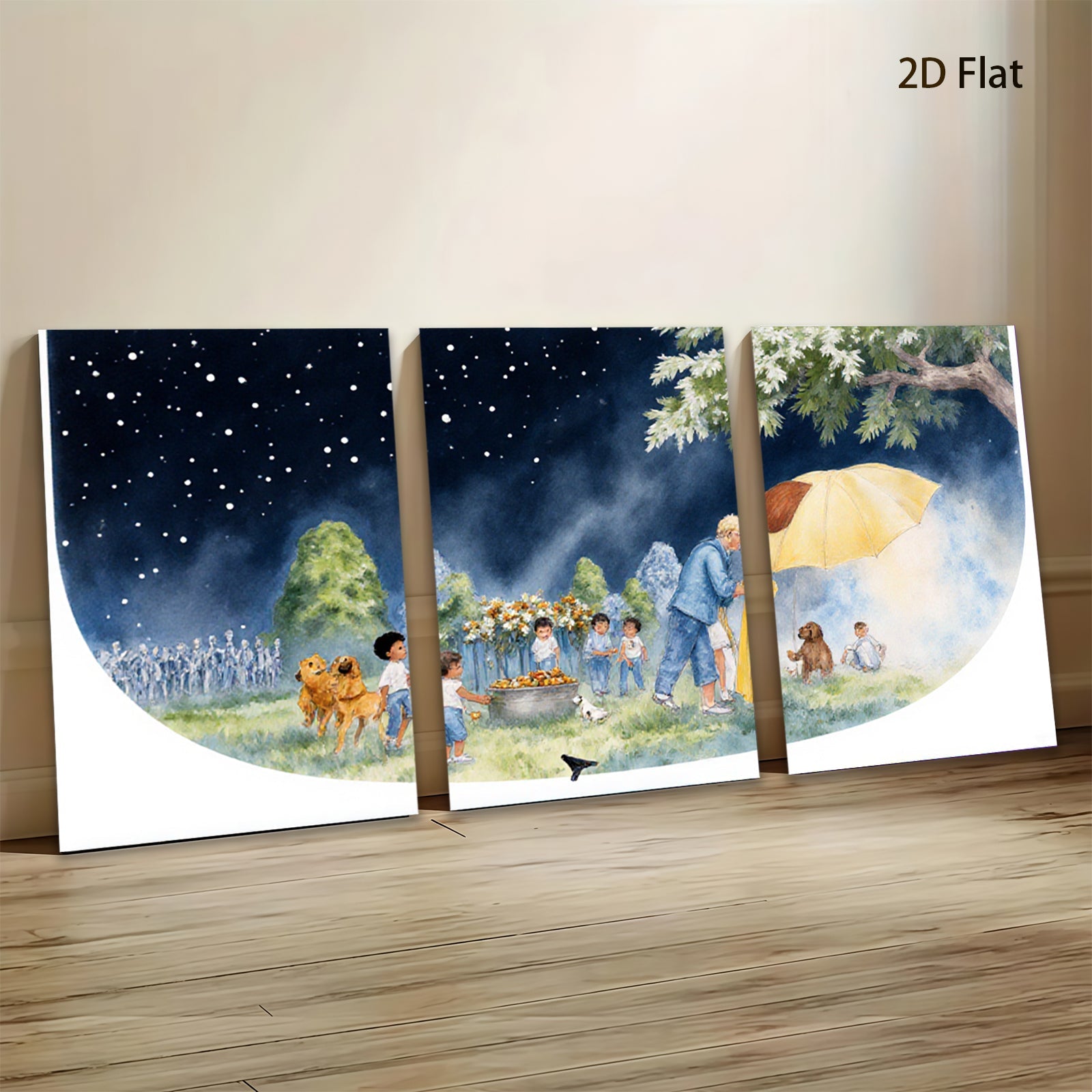 2D flat 1pc Warm Night Gathering Children Pets Pastoral Scene Wall Art Kids Room Decor Living Room Canvas Print Modern Farmhouse Style