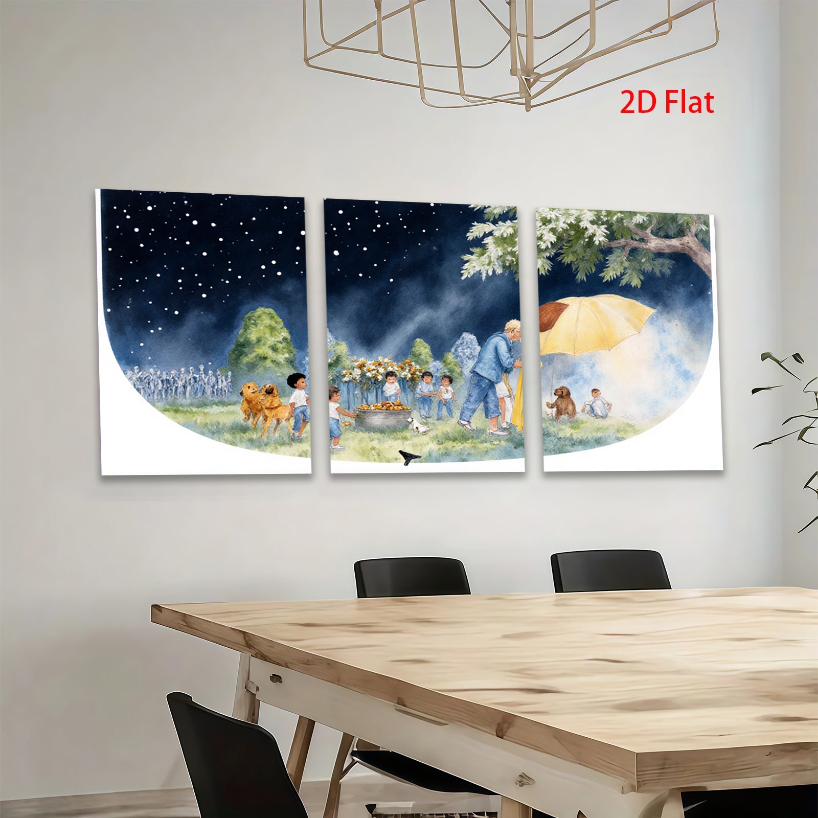 2D flat 1pc Warm Night Gathering Children Pets Pastoral Scene Wall Art Kids Room Decor Living Room Canvas Print Modern Farmhouse Style
