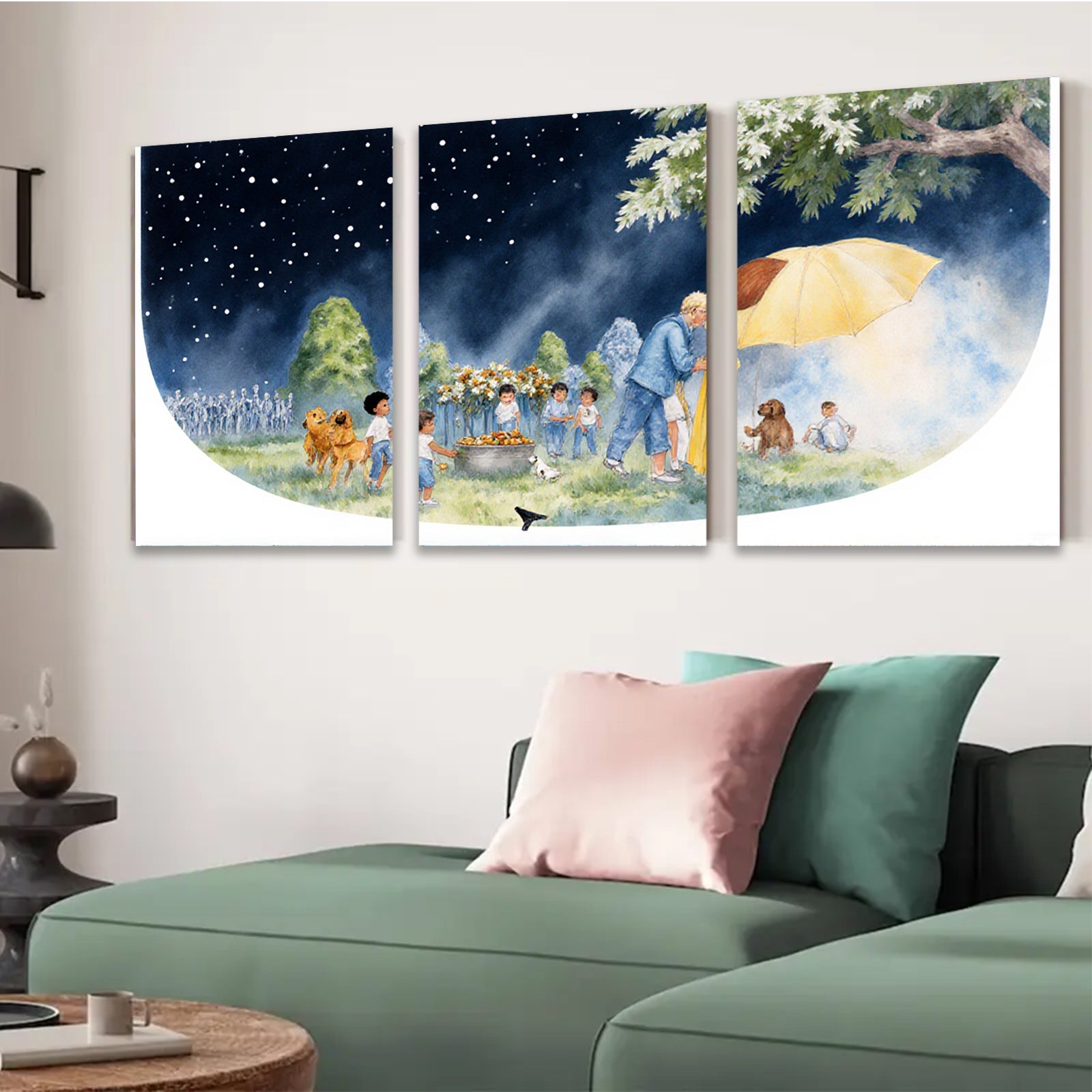 2D flat 1pc Warm Night Gathering Children Pets Pastoral Scene Wall Art Kids Room Decor Living Room Canvas Print Modern Farmhouse Style