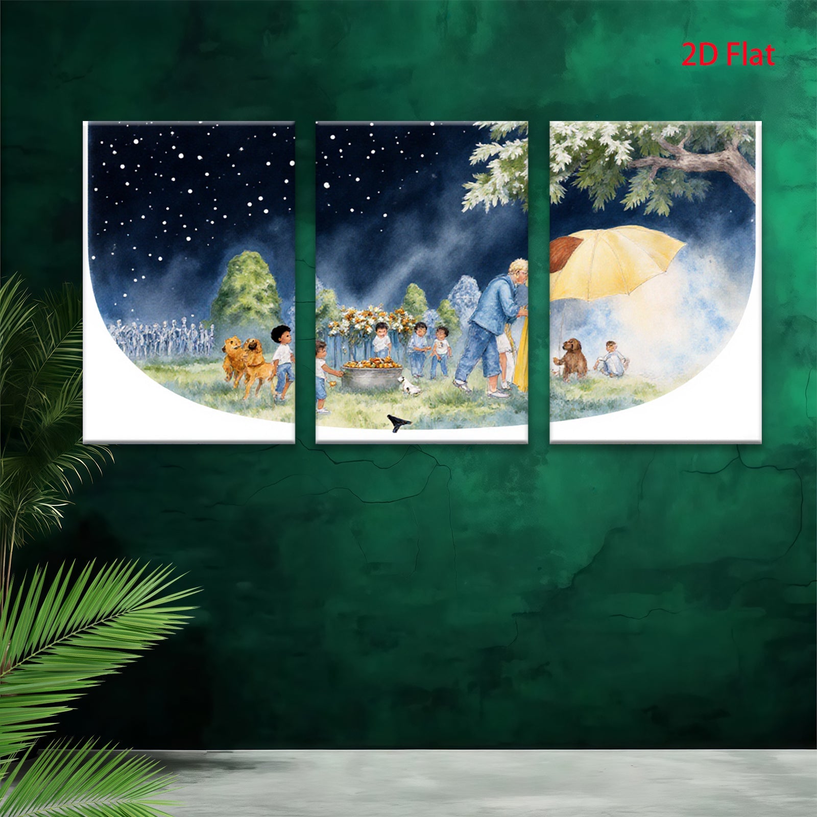 2D flat 1pc Warm Night Gathering Children Pets Pastoral Scene Wall Art Kids Room Decor Living Room Canvas Print Modern Farmhouse Style