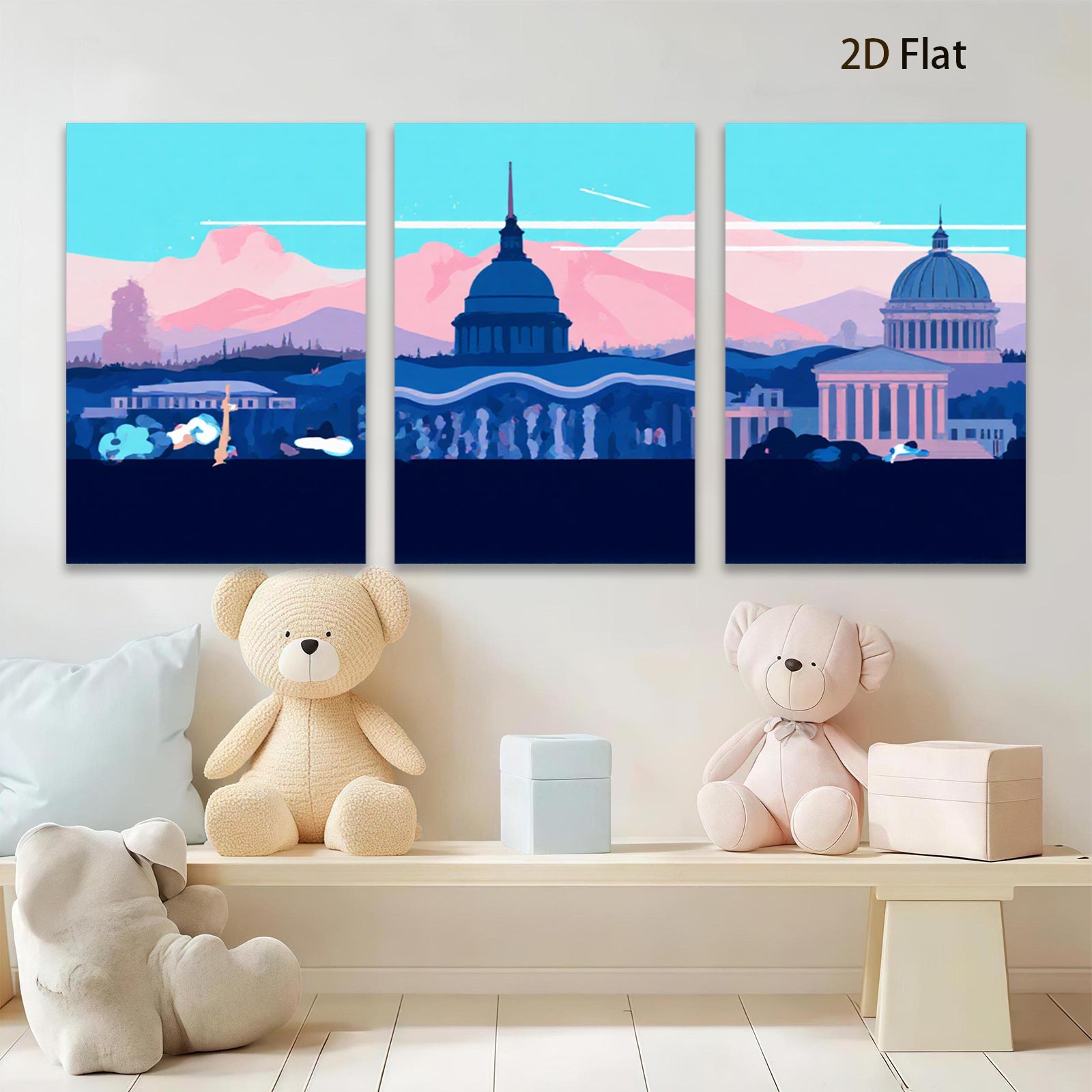 2D flat 1pc Washington DC Skyline Monumental Architecture Cityscape Wall Art Decor for Living Room Bedroom Office Modern Farmhouse Gallery Wrapped Canvas Prints